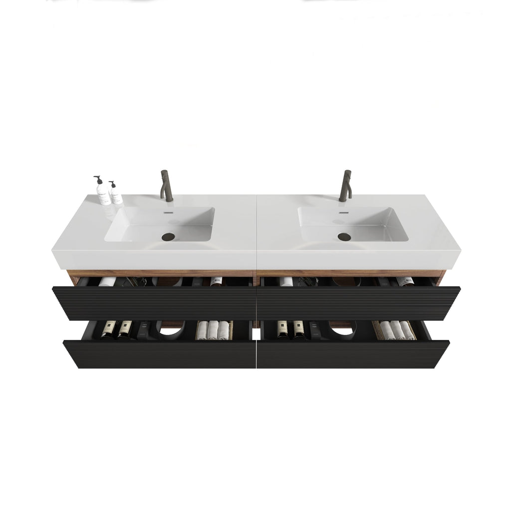 72'' Double Bathroom Vanity with Matt Black Quartz Sink Soft Black Drawers Wall Mount