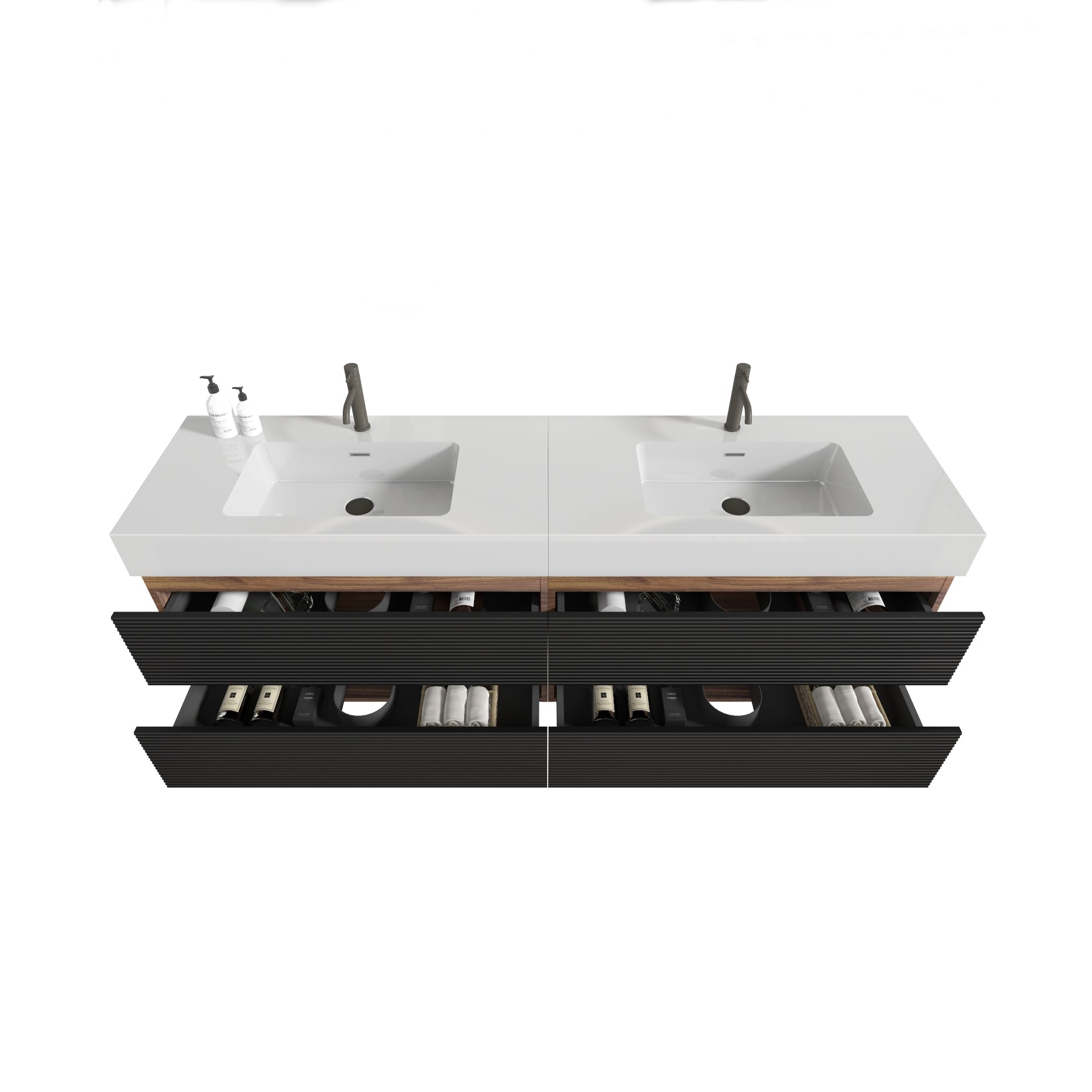 72'' Double Bathroom Vanity with Matt Black Quartz Sink Soft Black Drawers Wall Mount