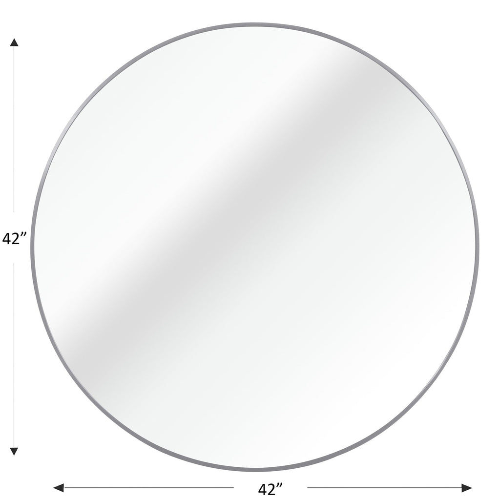 Wall Mirror Round Aluminum Frame Silver 42 In HD Glass Shatterproof Film