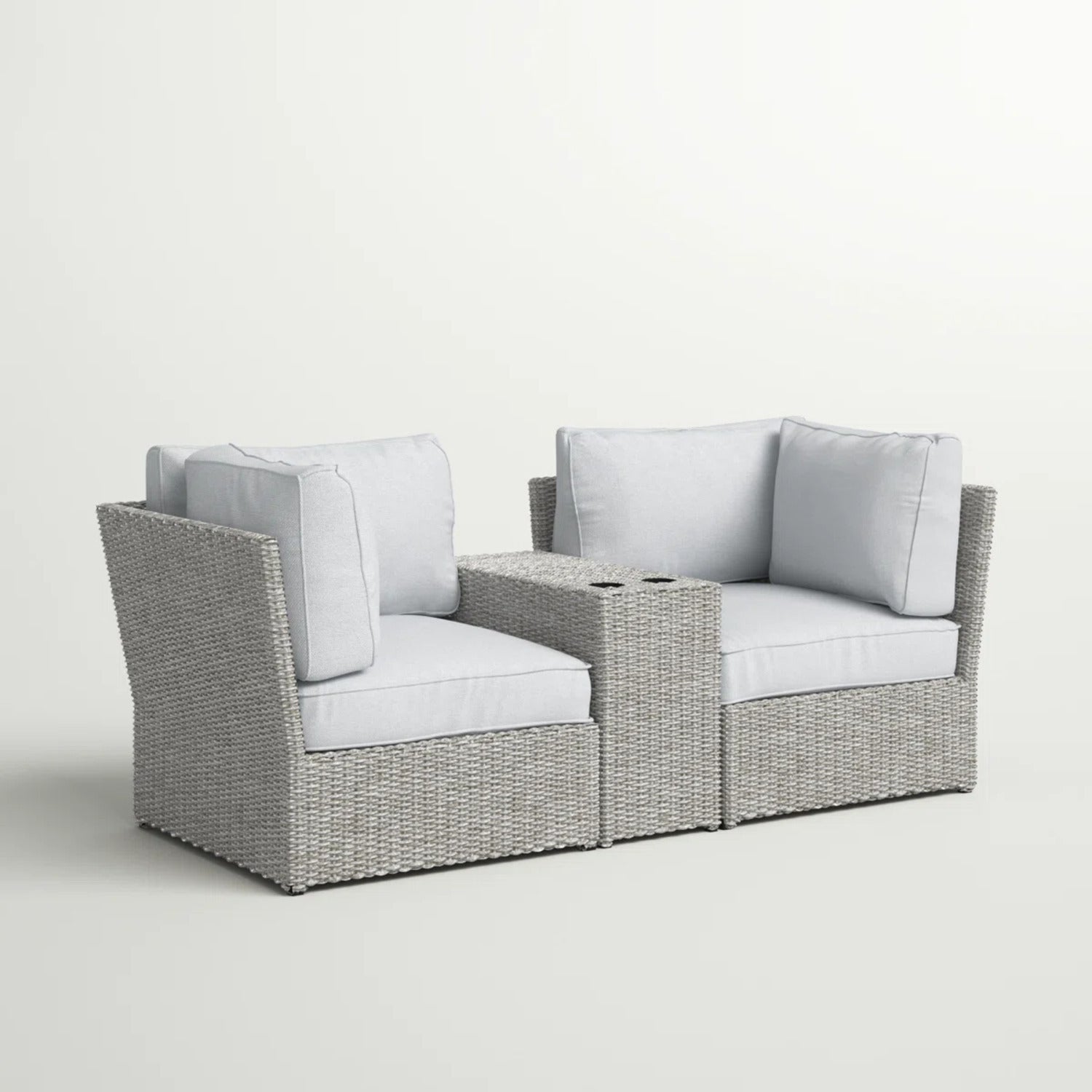 Outdoor Patio Loveseat Set HDPE Wicker Gray 3 Piece Cup Holder Table