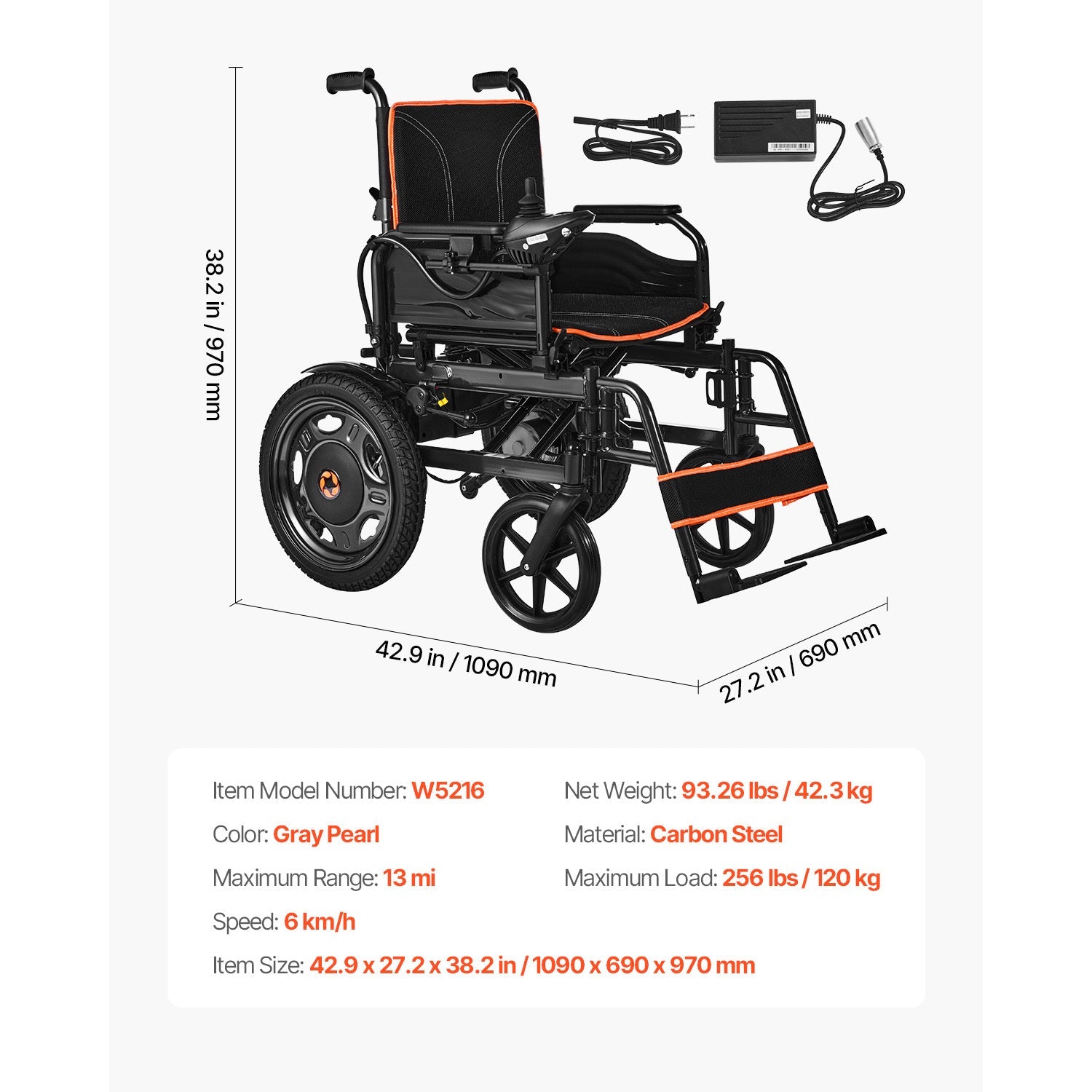 Wheelchair Electric Foldable Carbon Steel 265 LB 13 Mile Range 42x27x38 In