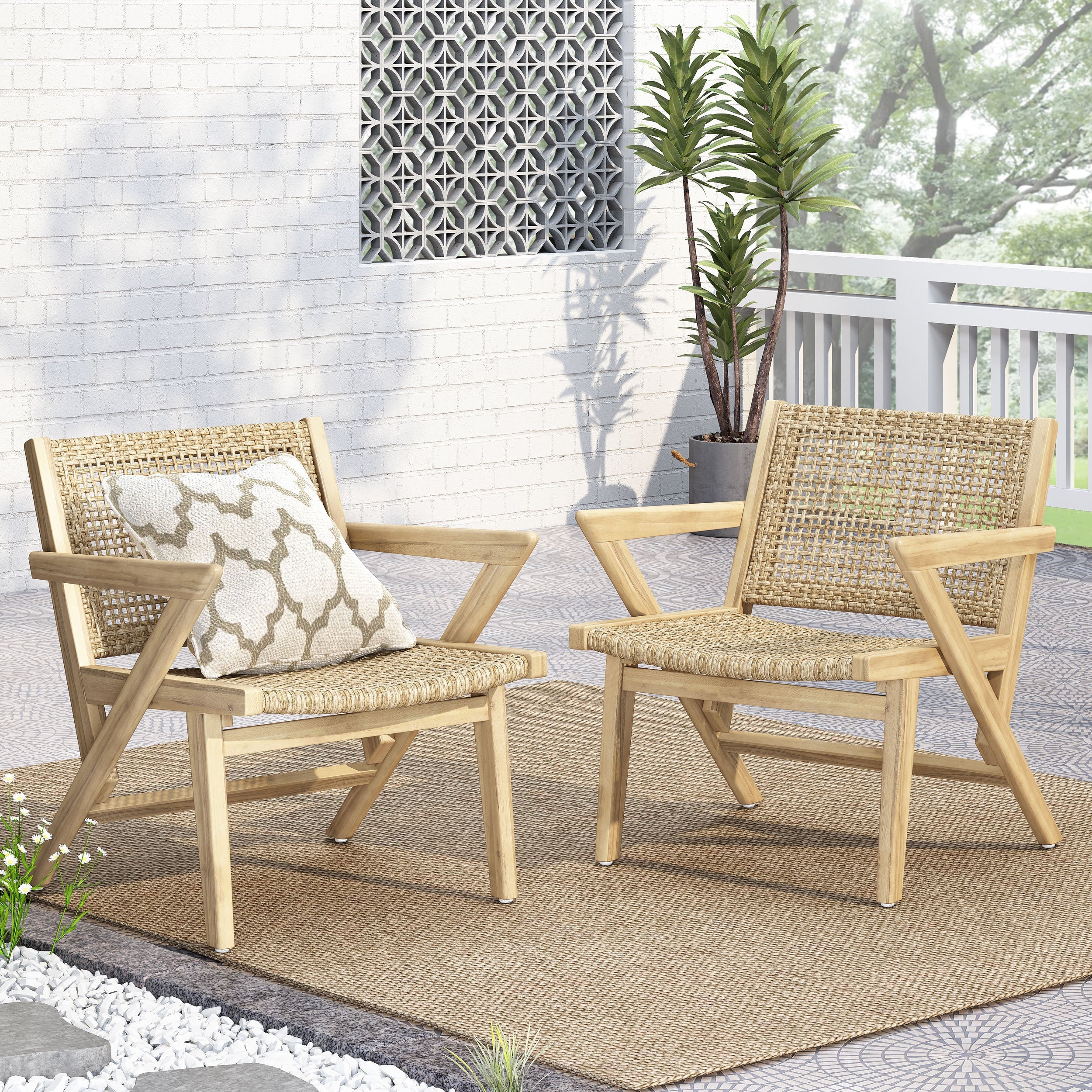 Club Chair Transitional Wicker Light Brown Acacia Frame Set of 2 24x27x28 In