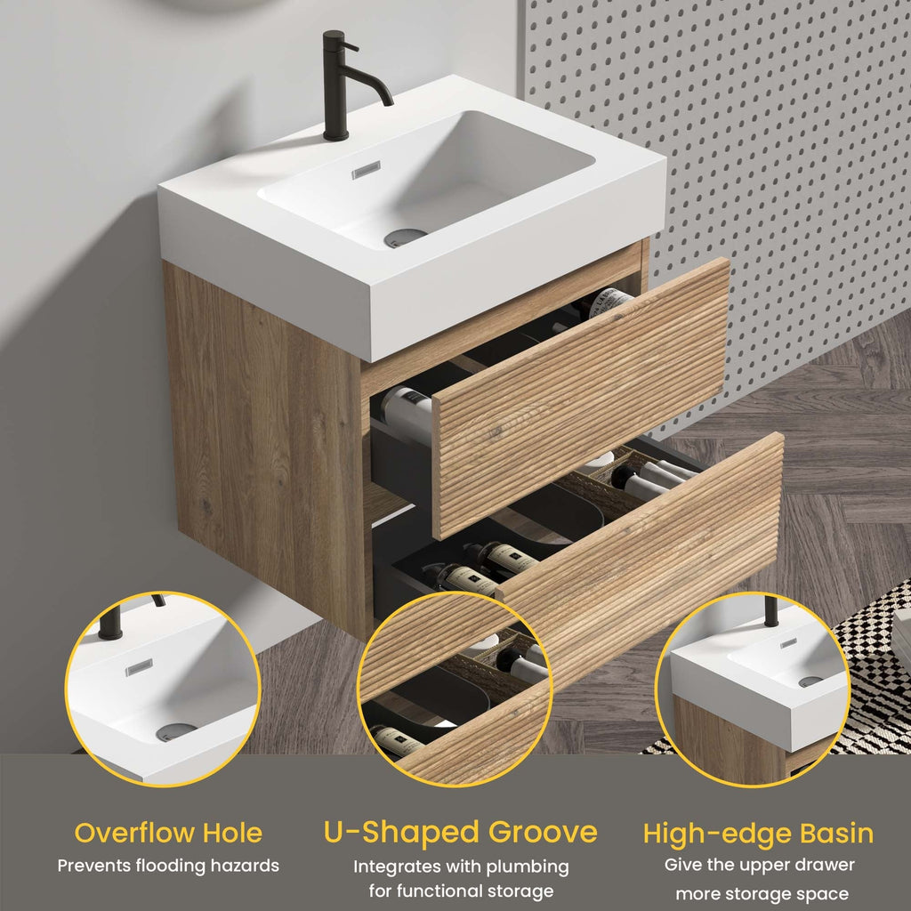 24' Rough Oak Bathroom Vanity with White Glossy Engineered Quartz Sink Soft Drawers