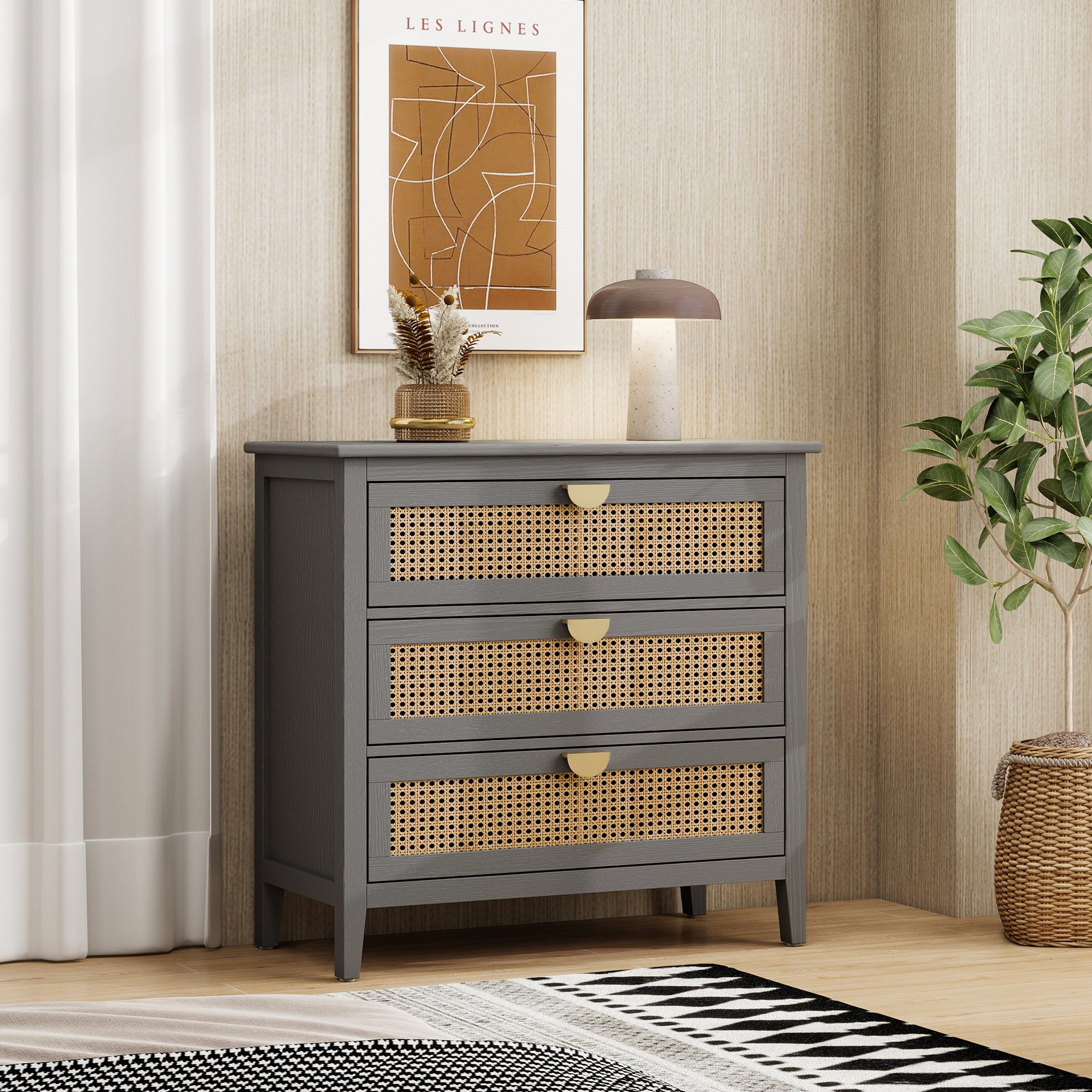 3-Drawer Cabinet - Natural Rattan - Suitable for Bedroom, Living Room, or Study
