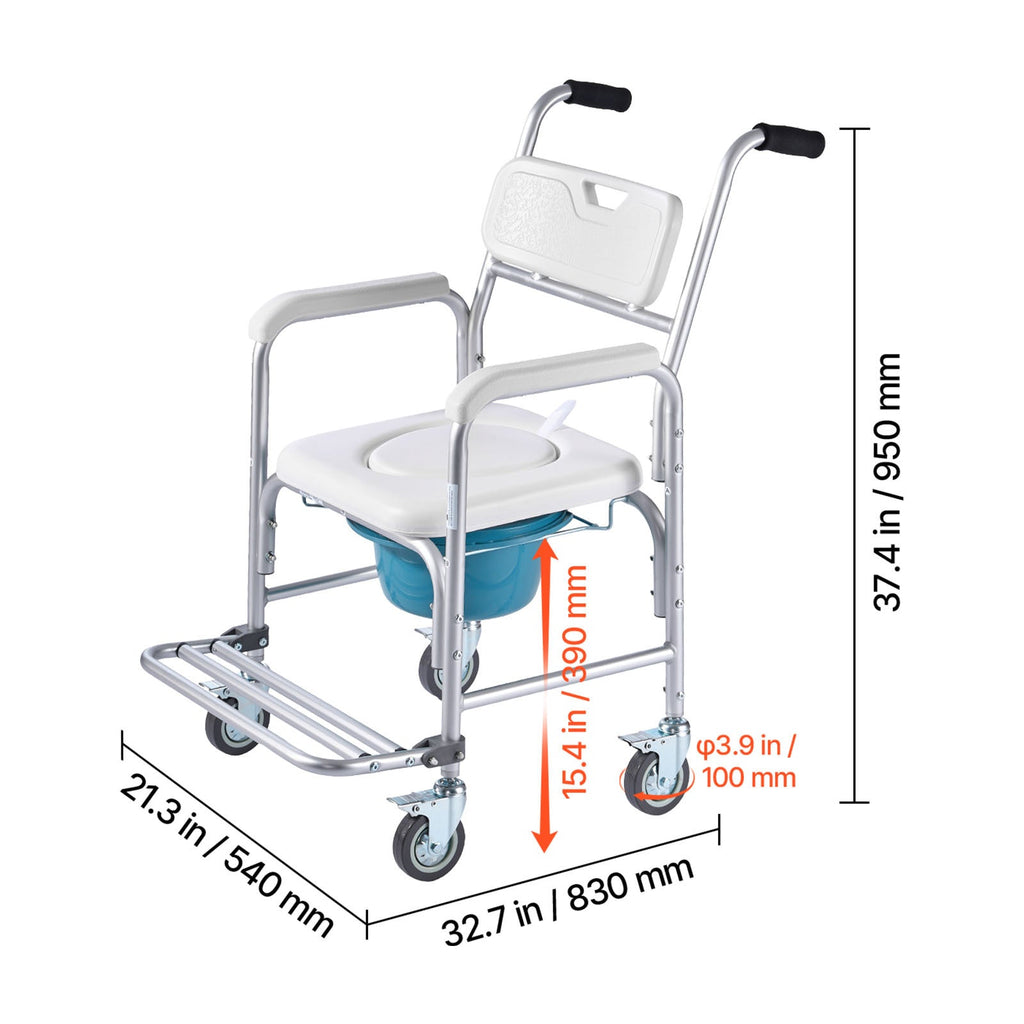 Commode Chair 4-Wheel 4-in-1 Aluminum 350 LB Rolling Lockable Padded Seat