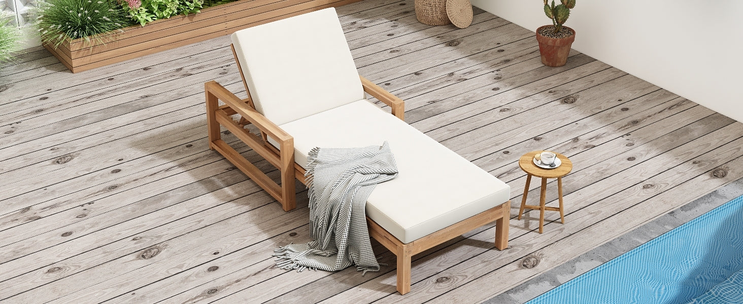 Outdoor Chaise Lounge Acacia Wood Light Teak Beige Cushion 5 Position 2