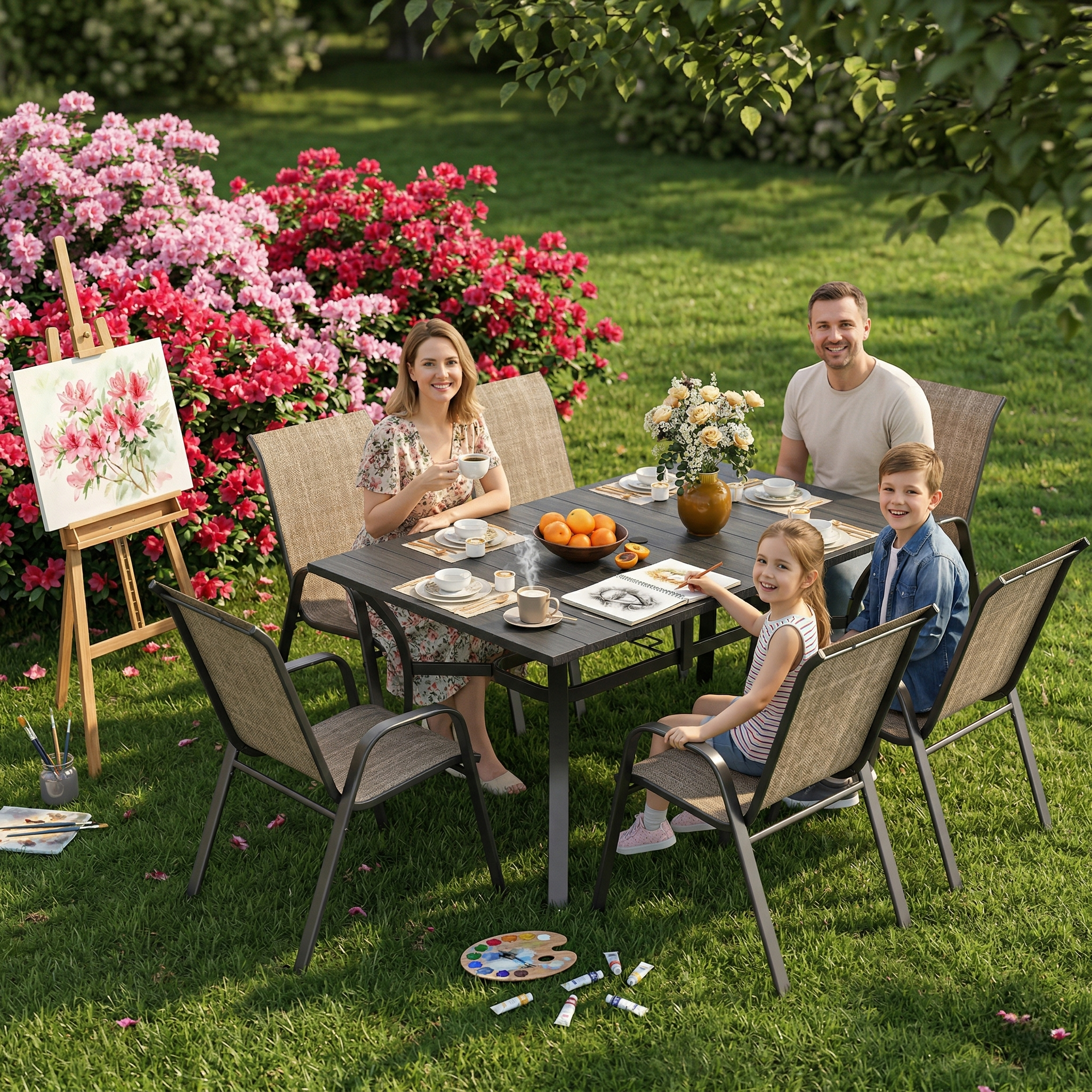 7-Piece Outdoor Patio Dining Set, 63' x 38' Rectangular Wood-Grain Metal Table