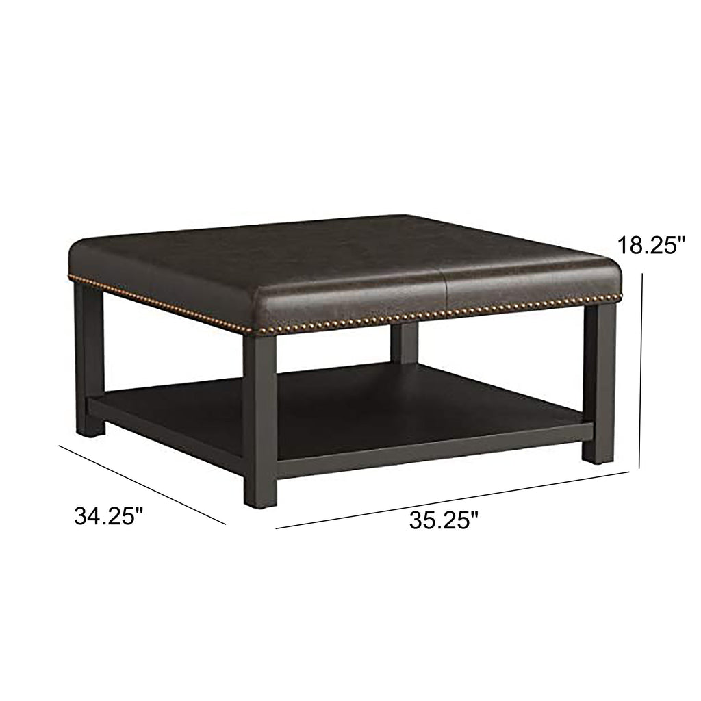 Large Square Ottoman Bench Faux Leather Coffee Table with Rack and Wood Legs