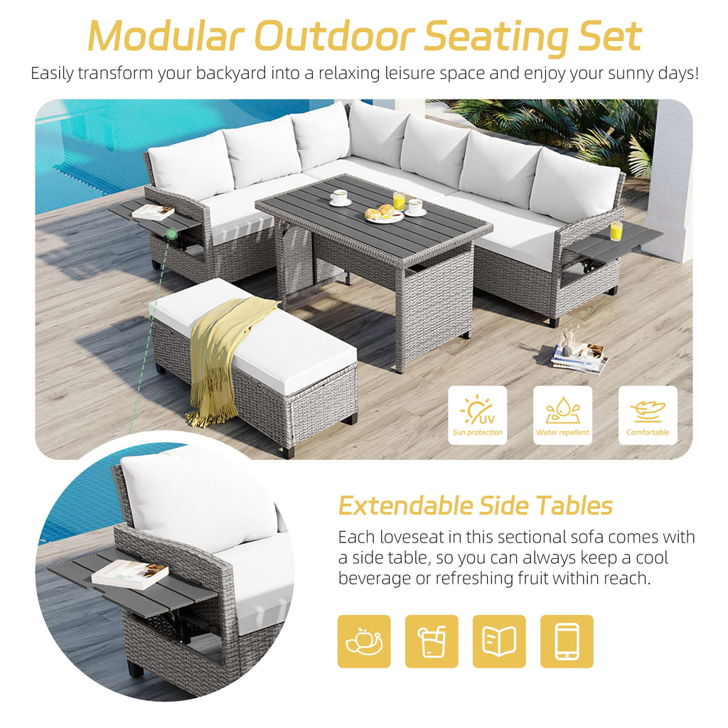 Outdoor Sectional Set PE Rattan Steel White 5 Piece Seats 7 Extendable