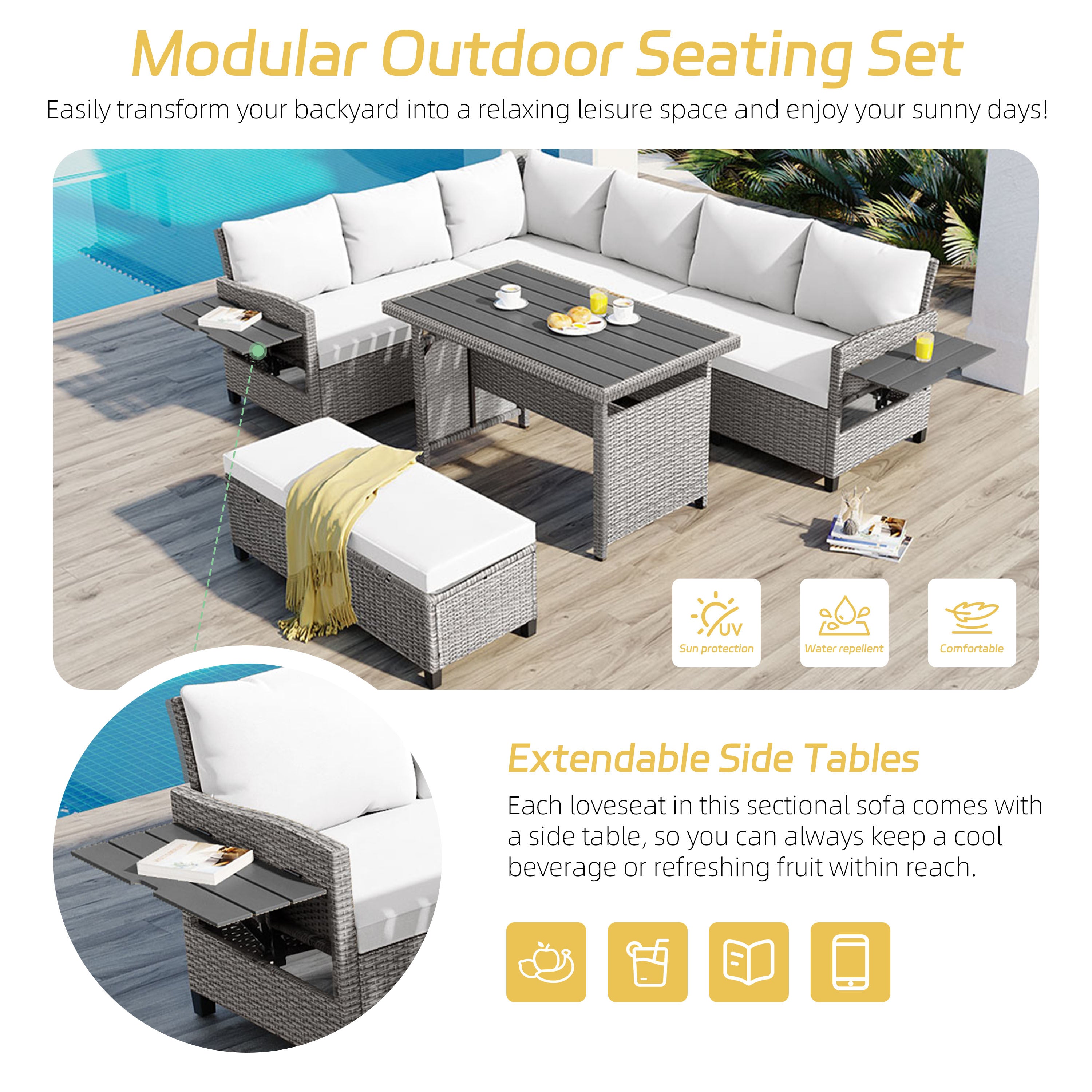Outdoor Sectional Set PE Rattan Steel White 5 Piece Seats 7 Extendable