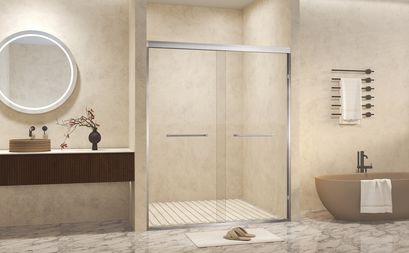 56-60in x 72in Aluminum Frame Double Sliding Shower Door, Brushed Nickel, 6mm