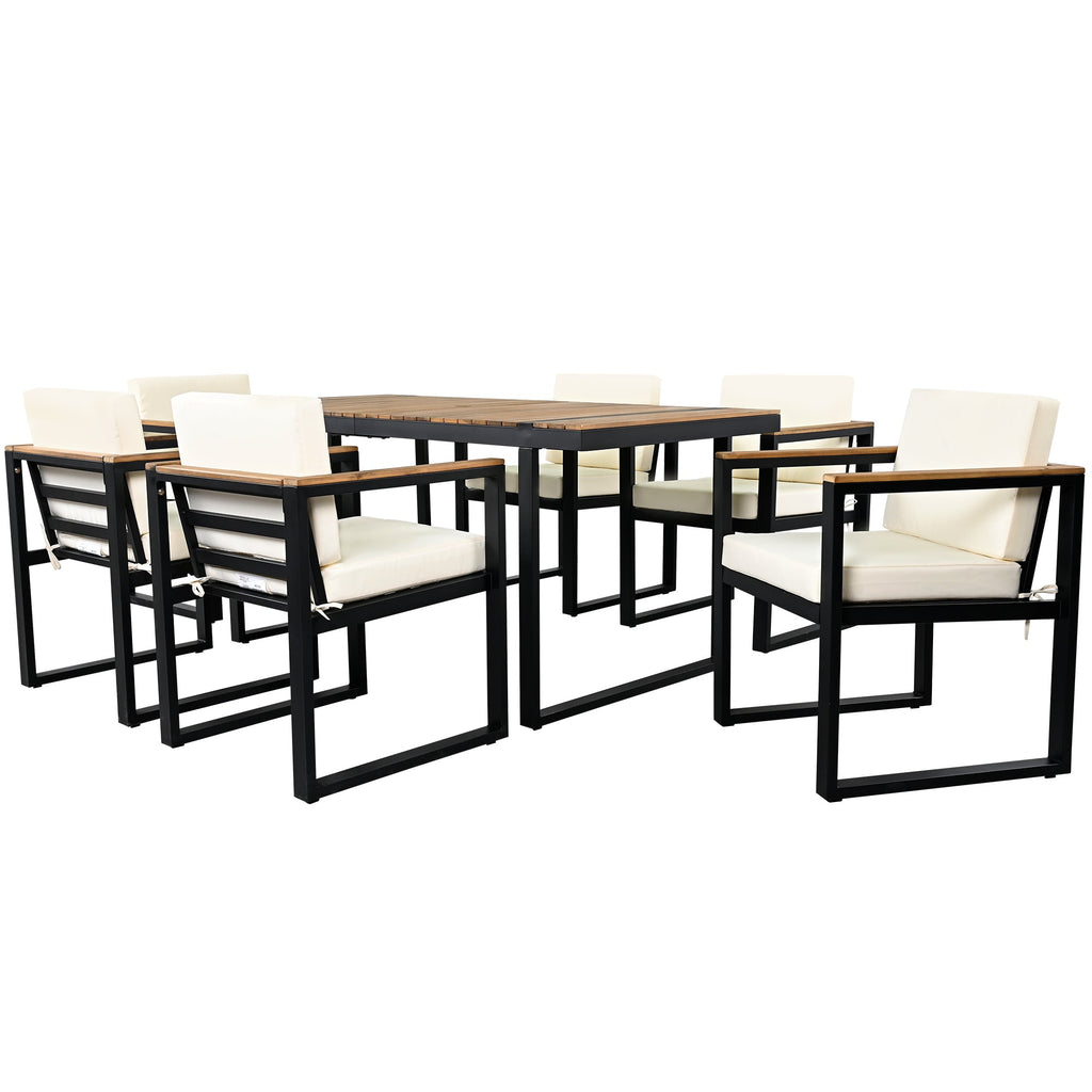 Outdoor Dining Set Acacia Wood Steel Beige Cushion 7 Piece Umbrella Hole