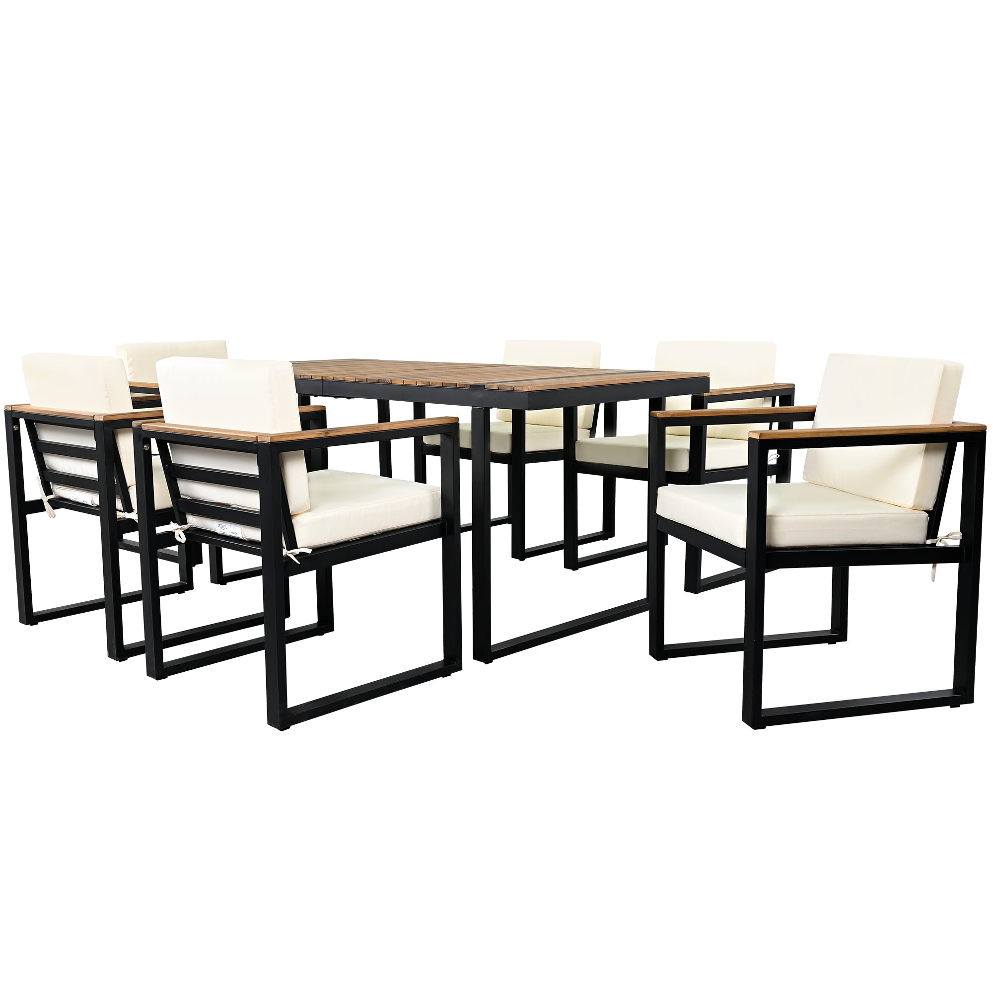 Outdoor Dining Set Acacia Wood Steel Beige Cushion 7 Piece Umbrella Hole