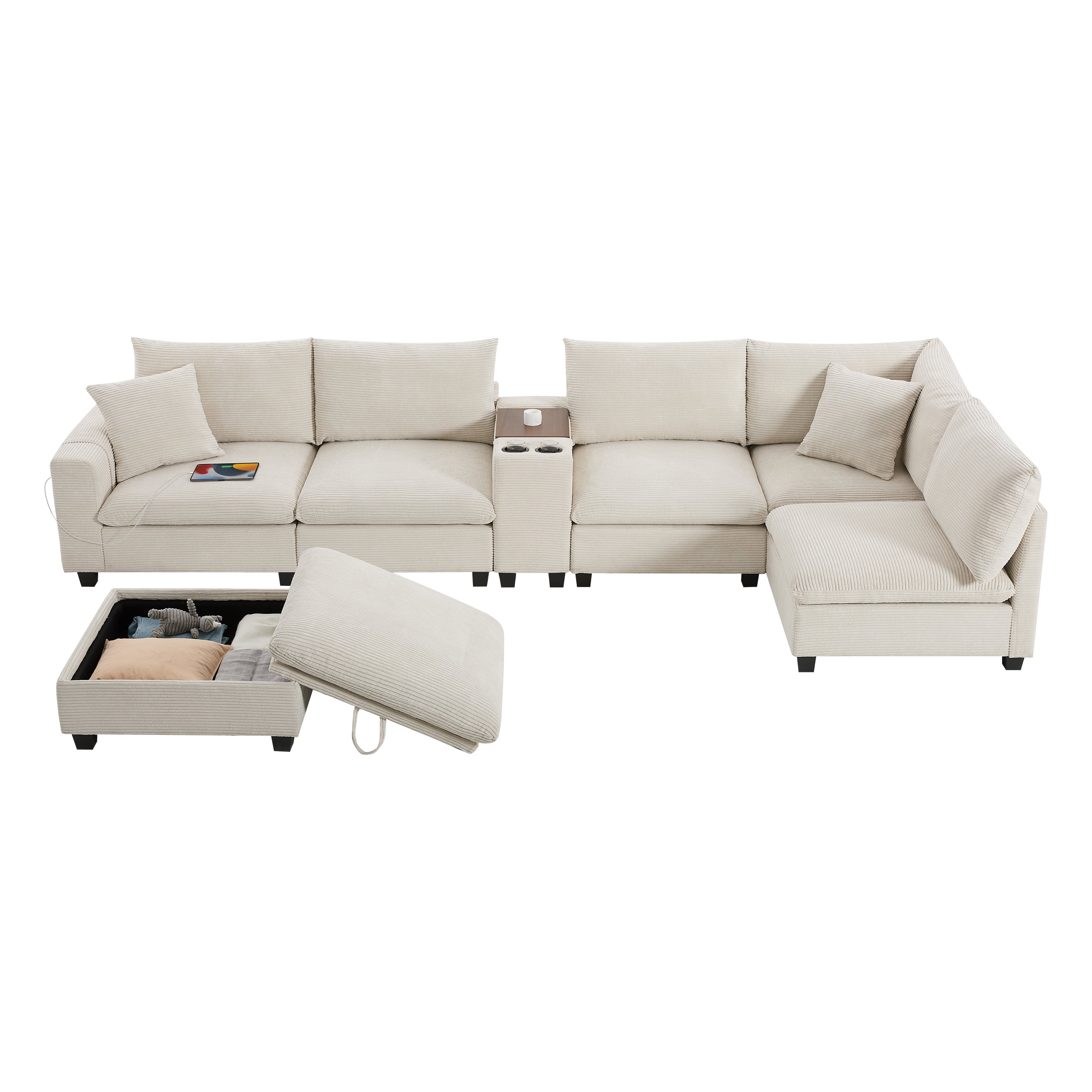 Sectional Sofa U-Shape Corduroy Beige 6 Seat Storage Ottoman USB 140 In