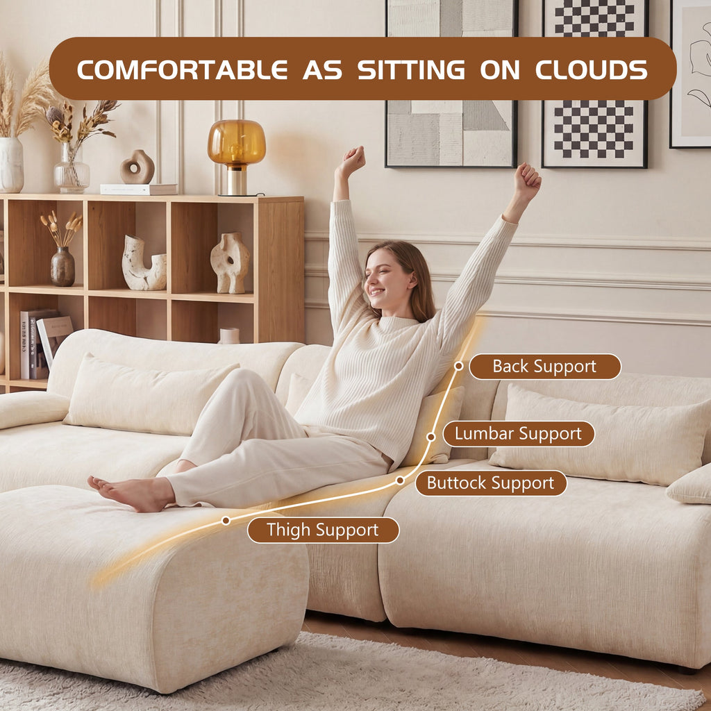 Sofa Curved White 3 Seat Anti-Slip 118 In No Assembly High-Density Foam