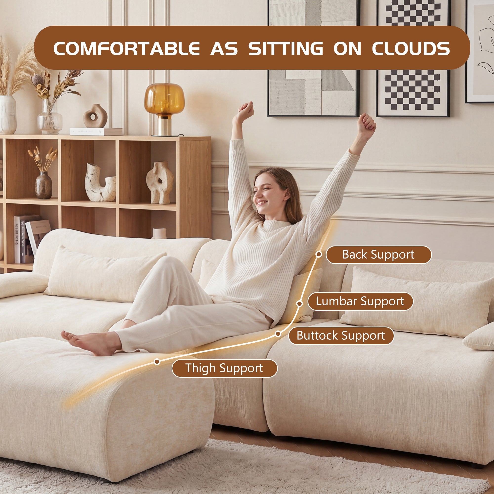 Sofa Curved White 3 Seat Anti-Slip 118 In No Assembly High-Density Foam