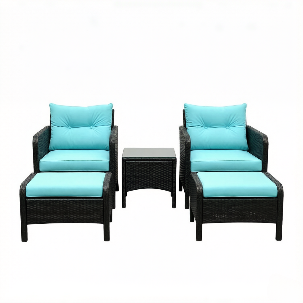 Outdoor Conversation Set PE Rattan Blue Brown 5 Piece 2 Chairs Footstools