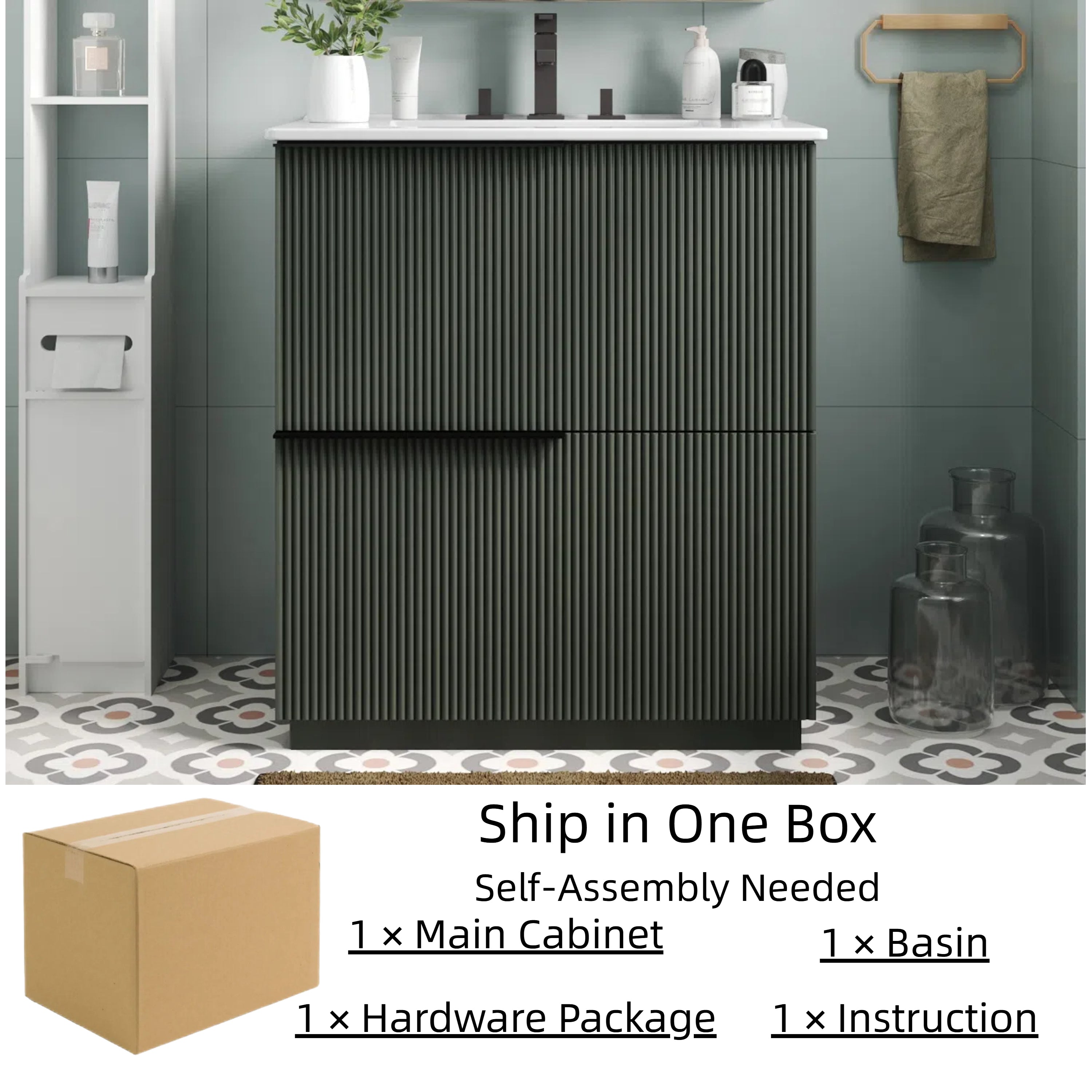 Green Fluted Bathroom Vanity with Ceramic Sink, 30' Full-Extension Drawers, S...