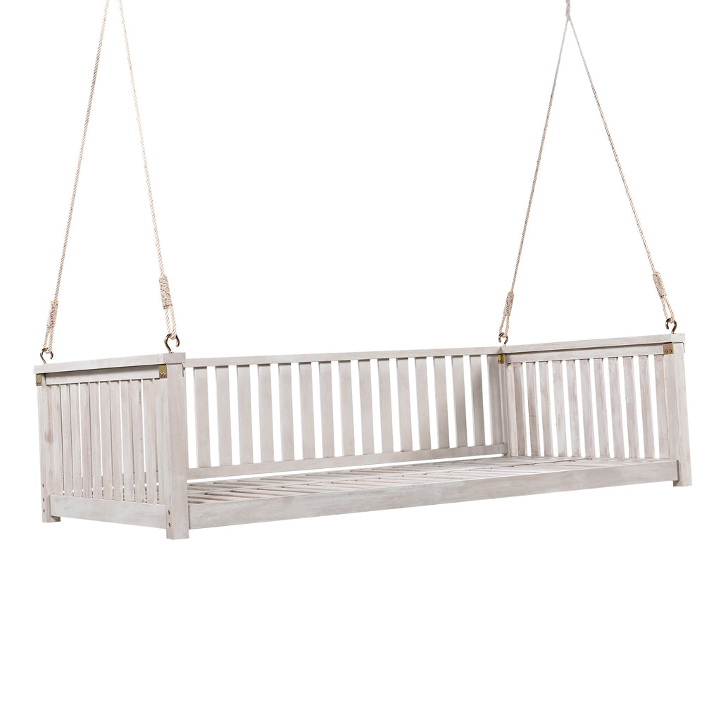 Outdoor Swing Bed Acacia Wood White Twin Size Minimalist 79.1x41.3 In 350 LB