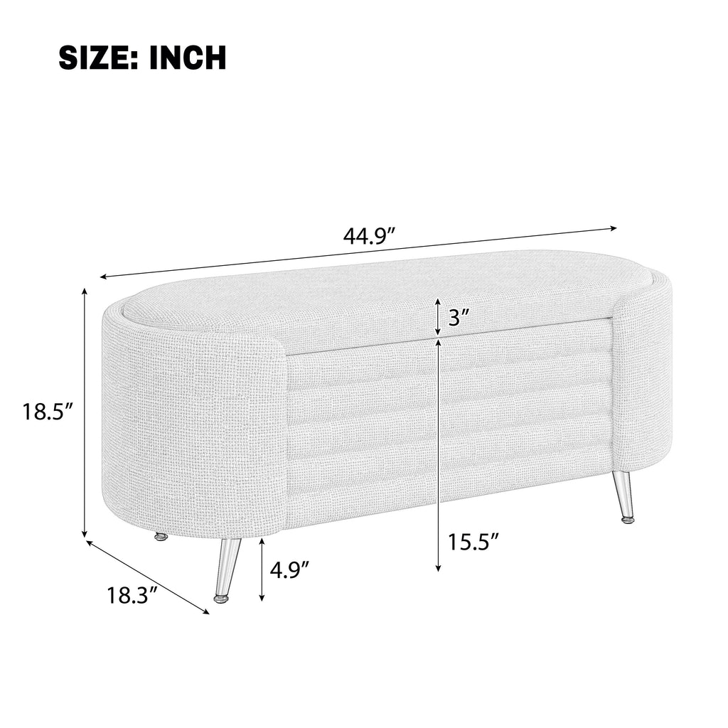 Storage Ottoman Oval Chenille Beige Metal Legs Hidden Storage 44.9x18x18 In