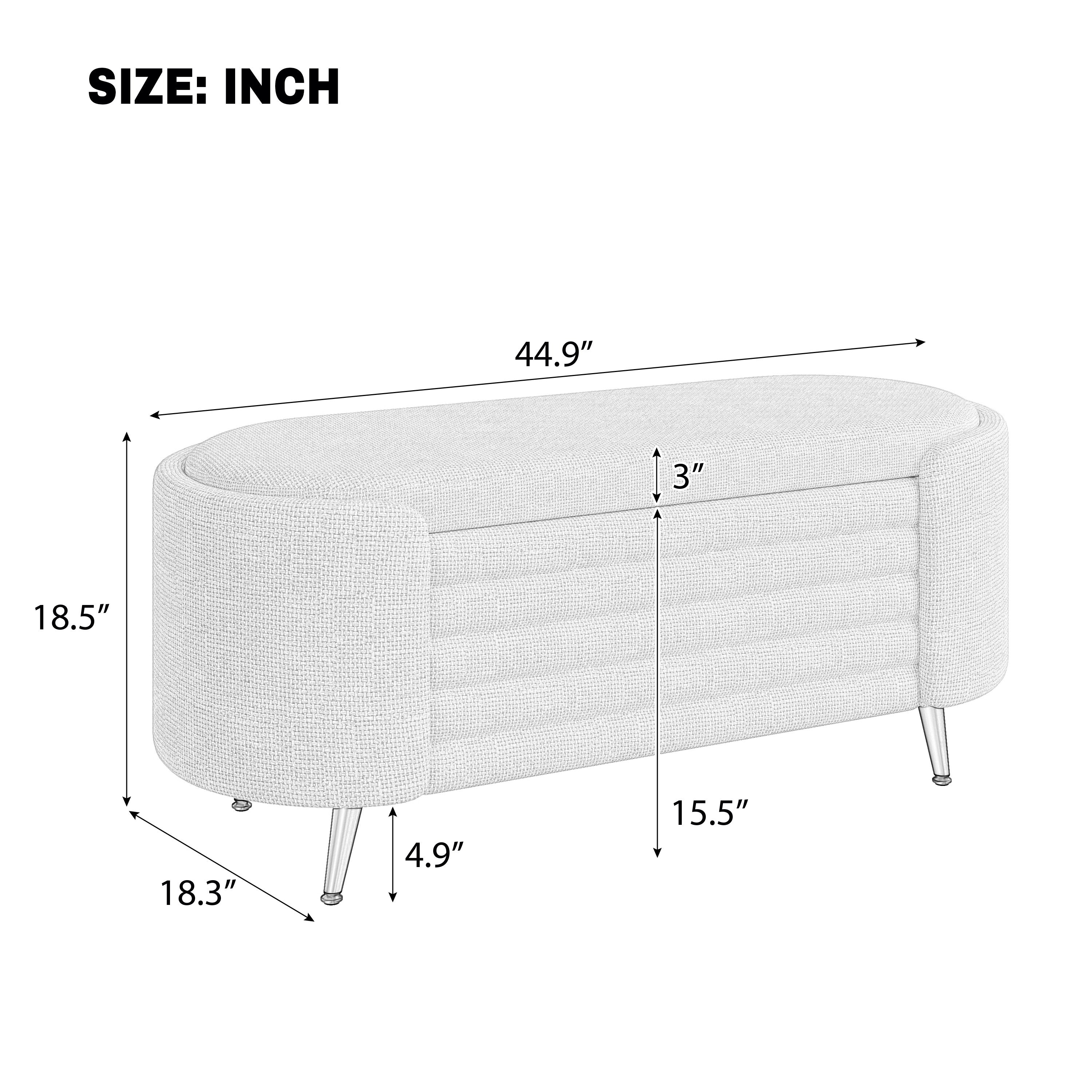 Storage Ottoman Oval Chenille Beige Metal Legs Hidden Storage 44.9x18x18 In