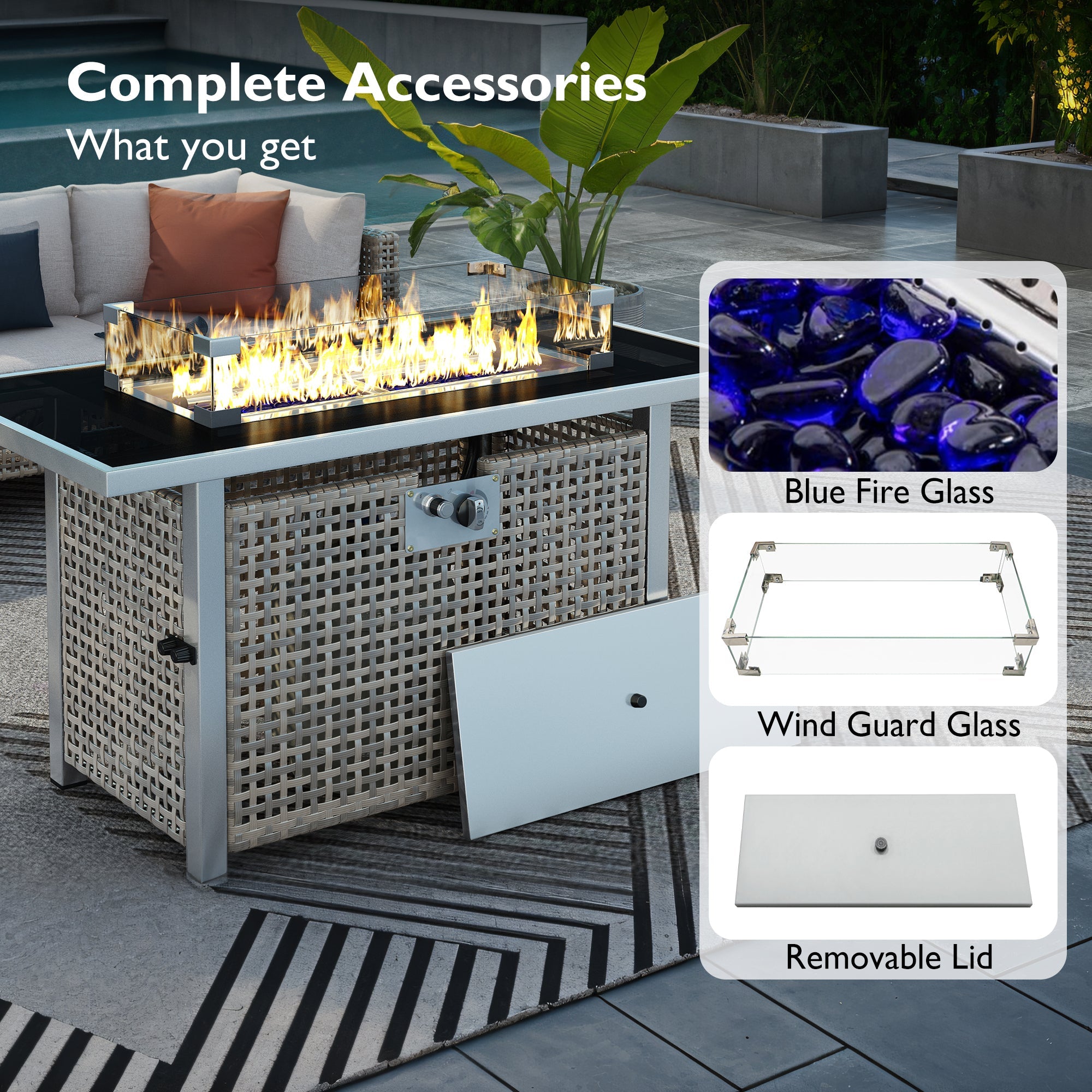 43 in Propane Gas Fire Pit Table 60,000 BTU Rectangular Open Weave Wicker, Grey