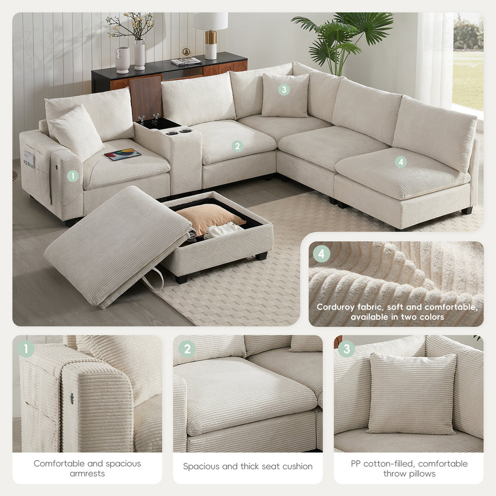 Sectional Sofa U-Shape Corduroy Beige 6 Seat Storage Ottoman USB 140 In