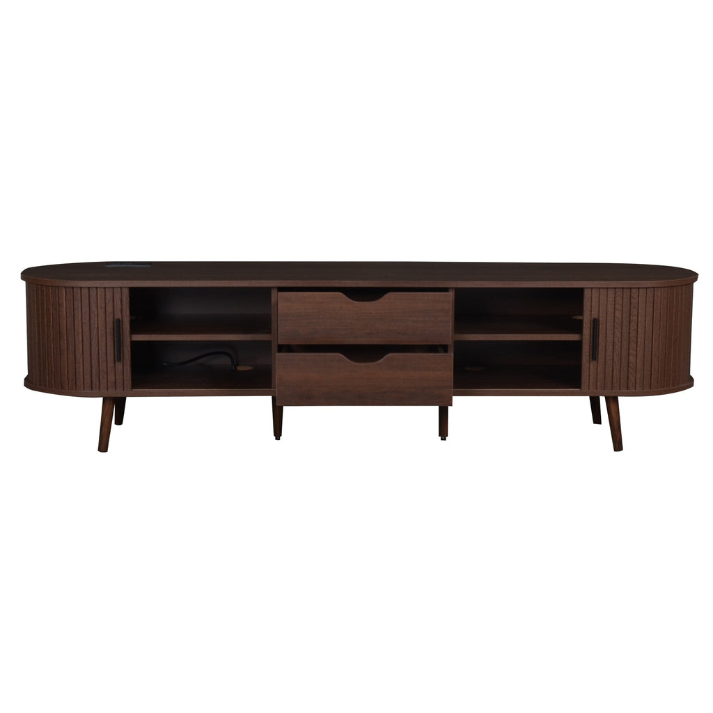 TV Stand Mid-Century Dark Brown MDF Tambour Door 2 AC 2 USB Fits 80 In TV