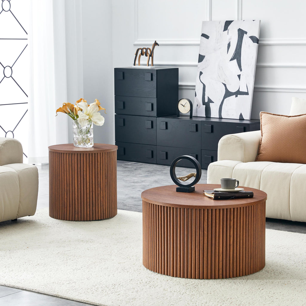 2-Piece Nesting Coffee Table Set, Roman Column MDF Round, Built-in Storage