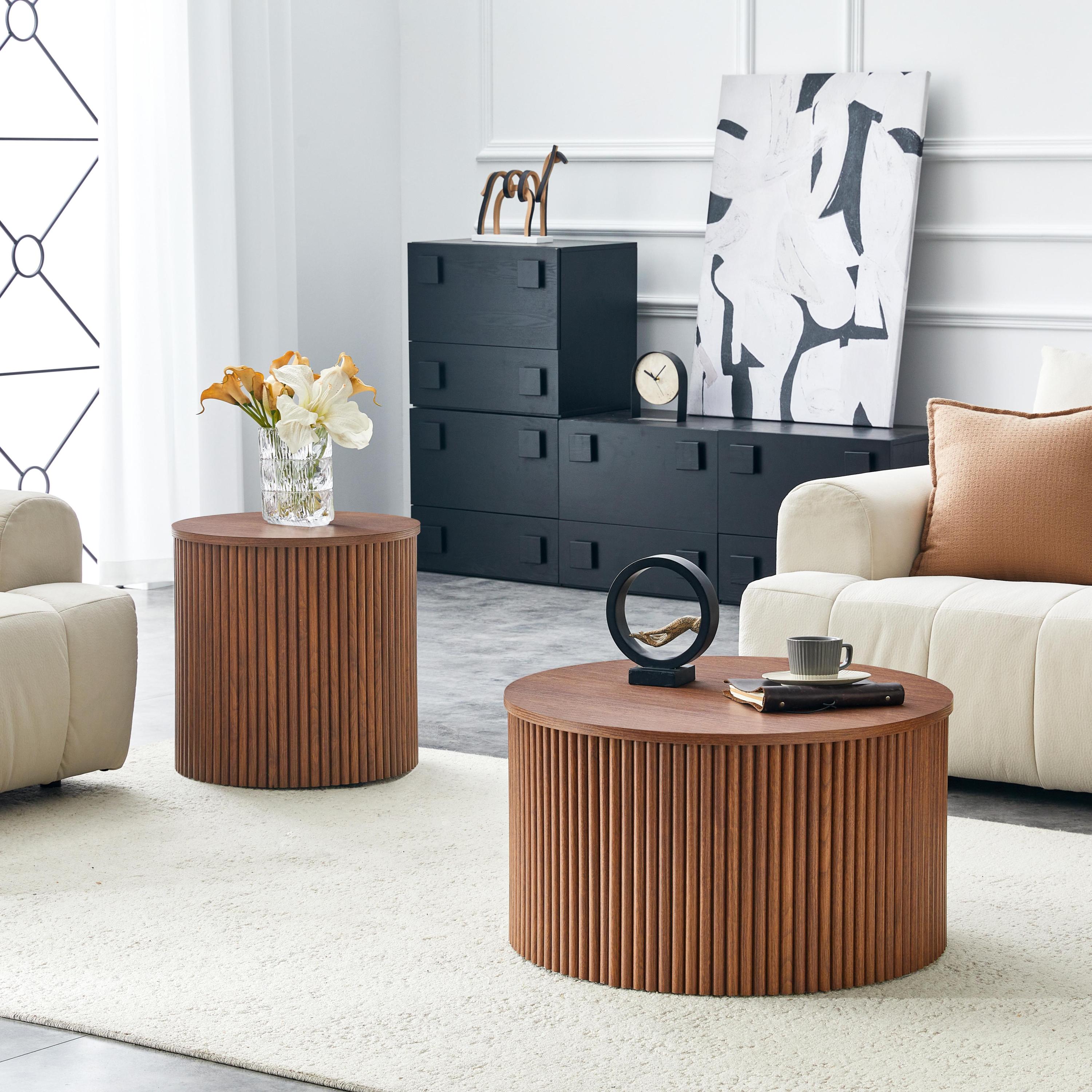 2-Piece Nesting Coffee Table Set, Roman Column MDF Round, Built-in Storage