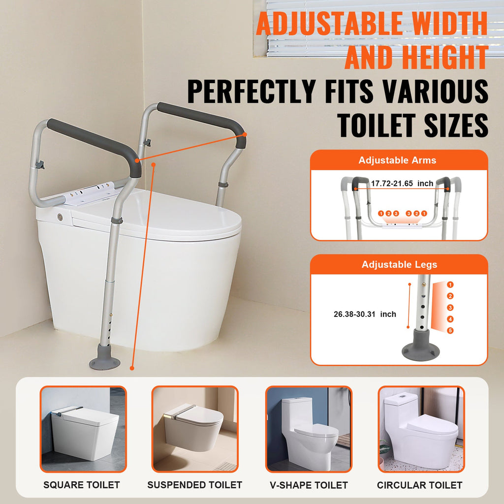 Toilet Safety Rail Frame Aluminum 300 LB Adjustable Width Height Padded Arms