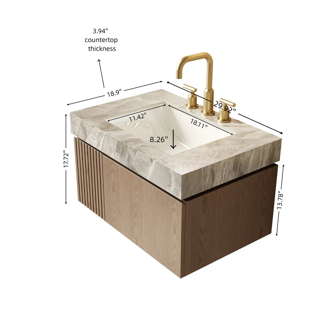30' Floating Bathroom Vanity with Sintered Stone Top and Ceramic Basin, Heidelberg