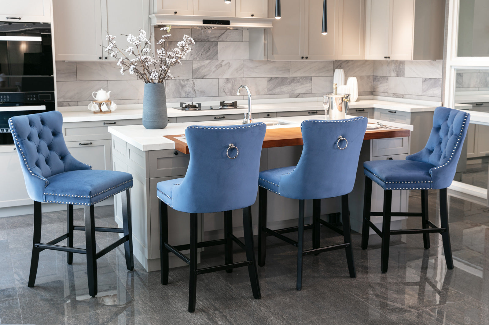 Contemporary Velvet Upholstered Barstools Button Tufted with Wooden Legs Set of 2, Blue