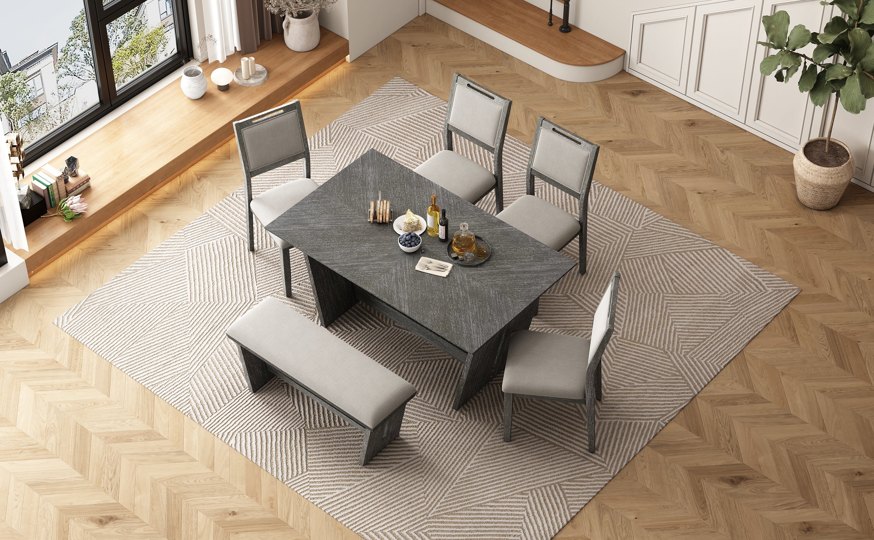 6-Piece Retro Dining Table Set for 6, 60' Wood Kitchen Table and Chairs Set of