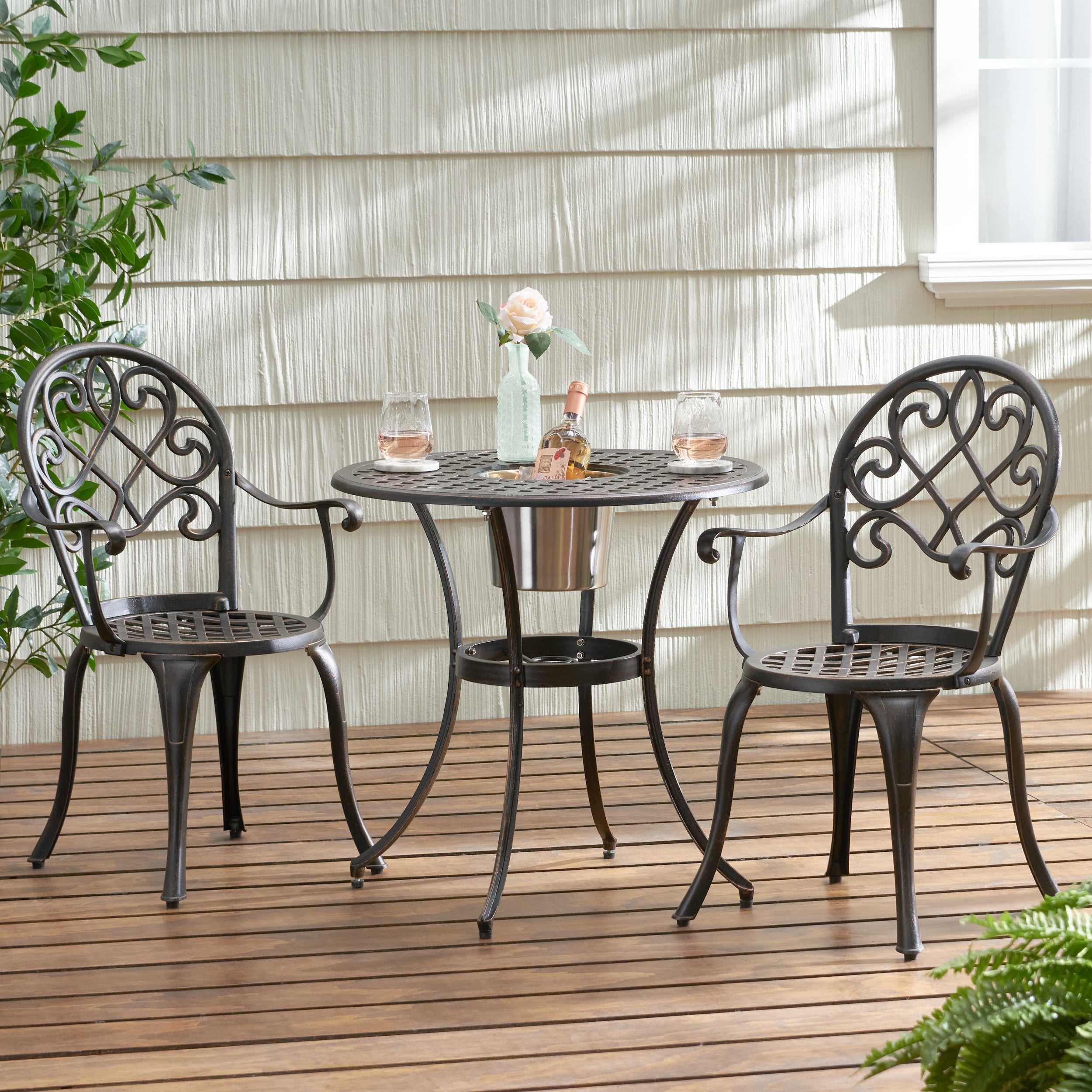 Outdoor Bistro Set Cast Aluminum Copper 3 Piece Ice Bucket Table 2 Chairs