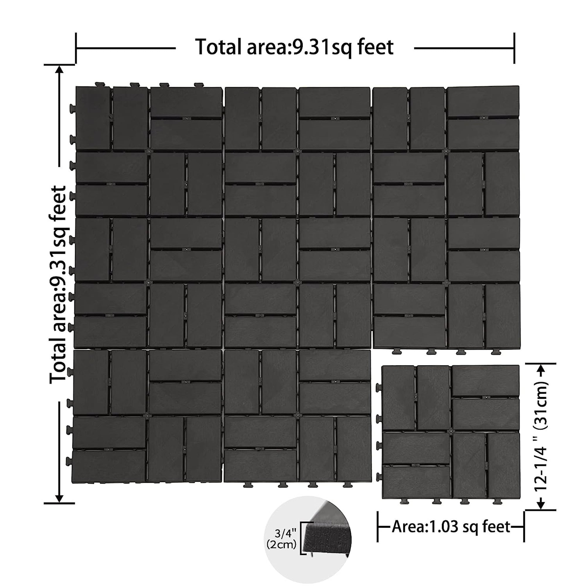 Outdoor Deck Tiles Interlocking Plastic Gray Checkered 12x12 in Pack of 27