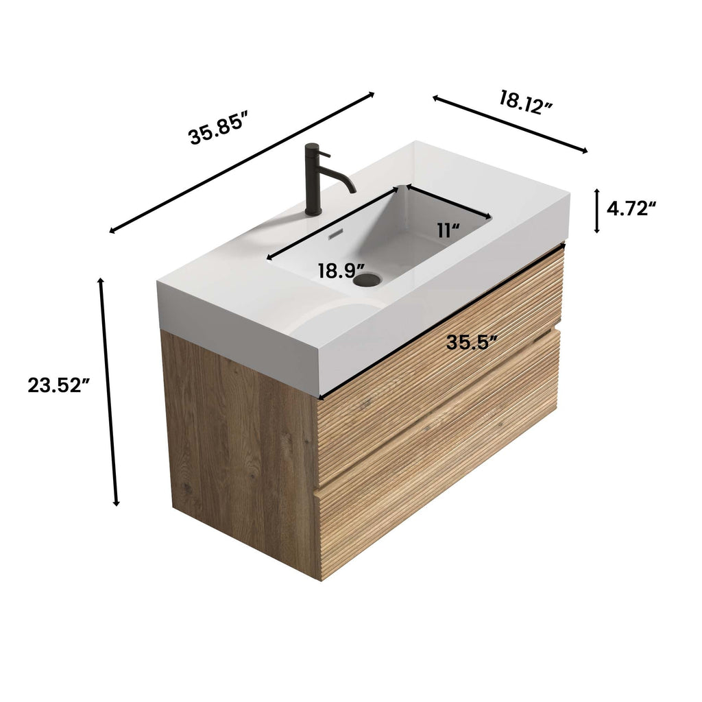 36'  Rough Oak+Rough Oak Bathroom Vanity with White Engineered Quartz Sink an...