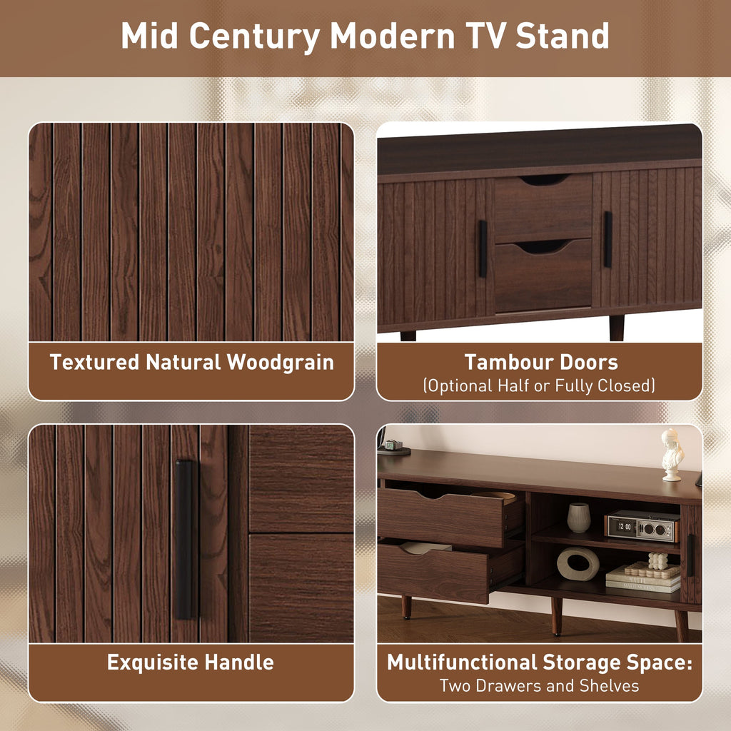 TV Stand Mid-Century Dark Brown MDF Tambour Door 2 AC 2 USB Fits 80 In TV