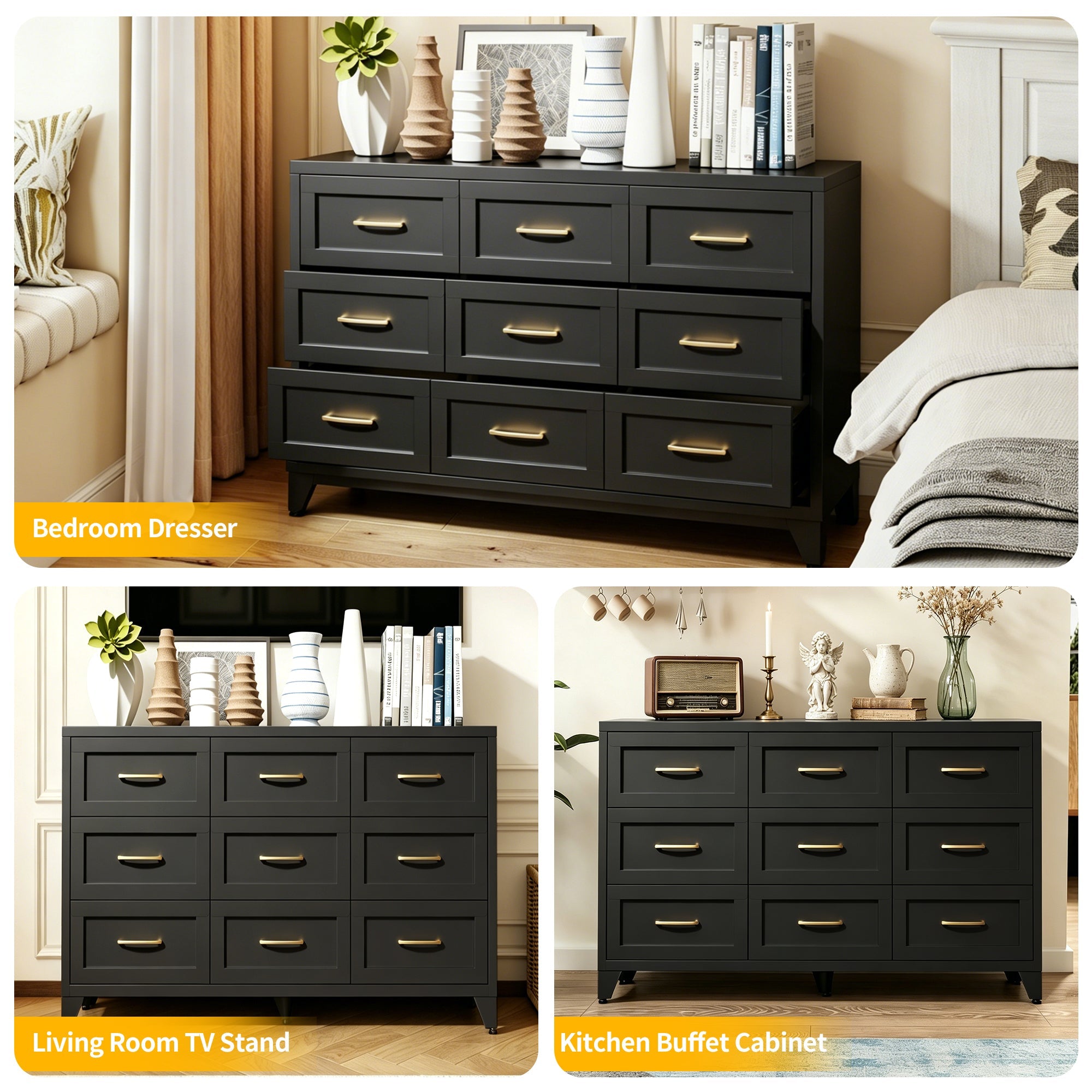 Dresser 9-Drawer Black Steel Smooth-Glide Powder Coat 52x15.8x30 In