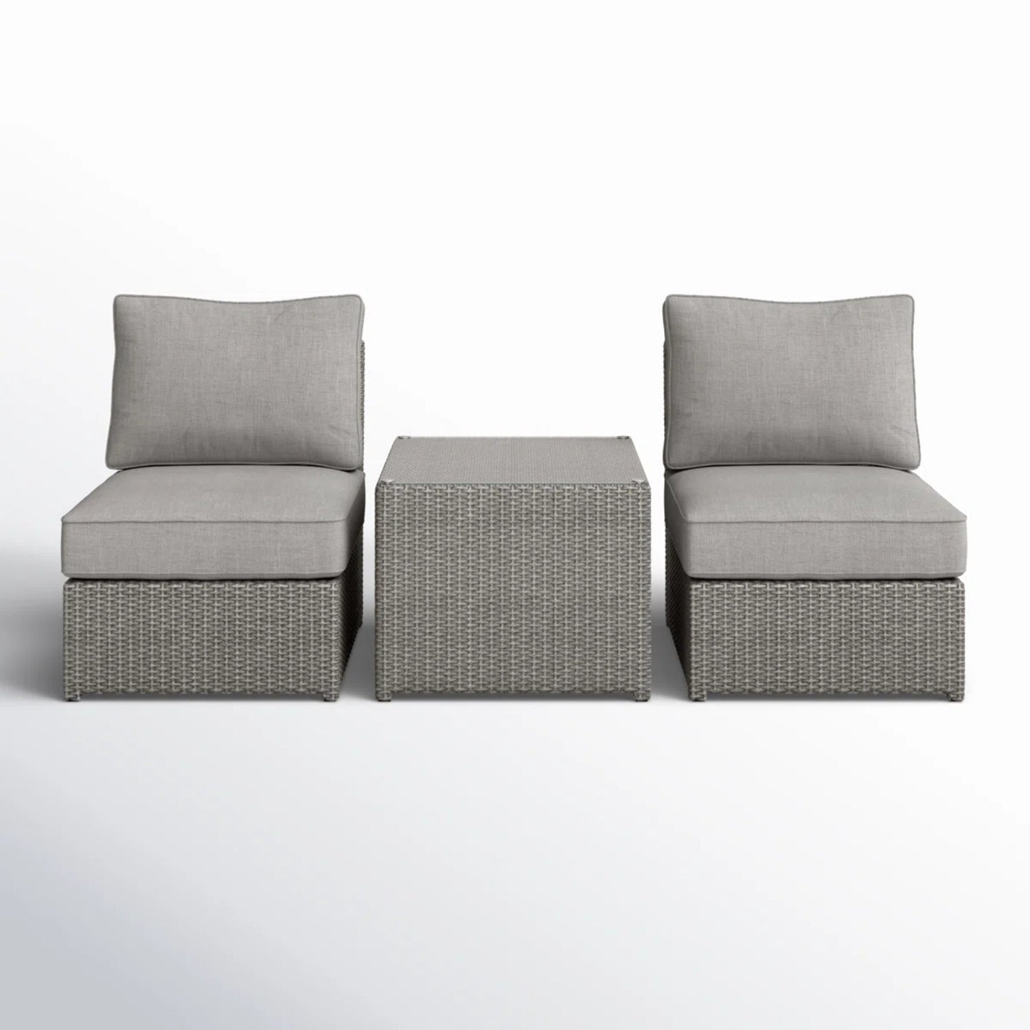Outdoor Patio Set HDPE Wicker Gray 3 Piece 2 Armless Chairs Glass Table