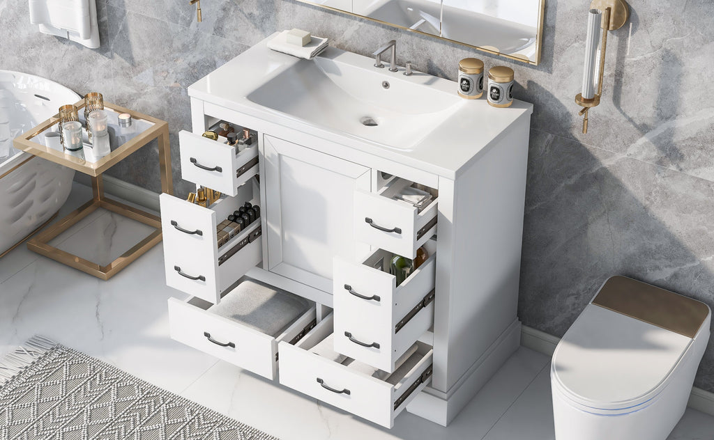 36' Bathroom Vanity with Sink Combo, Six Drawers, Multi-Functional Drawer Div...