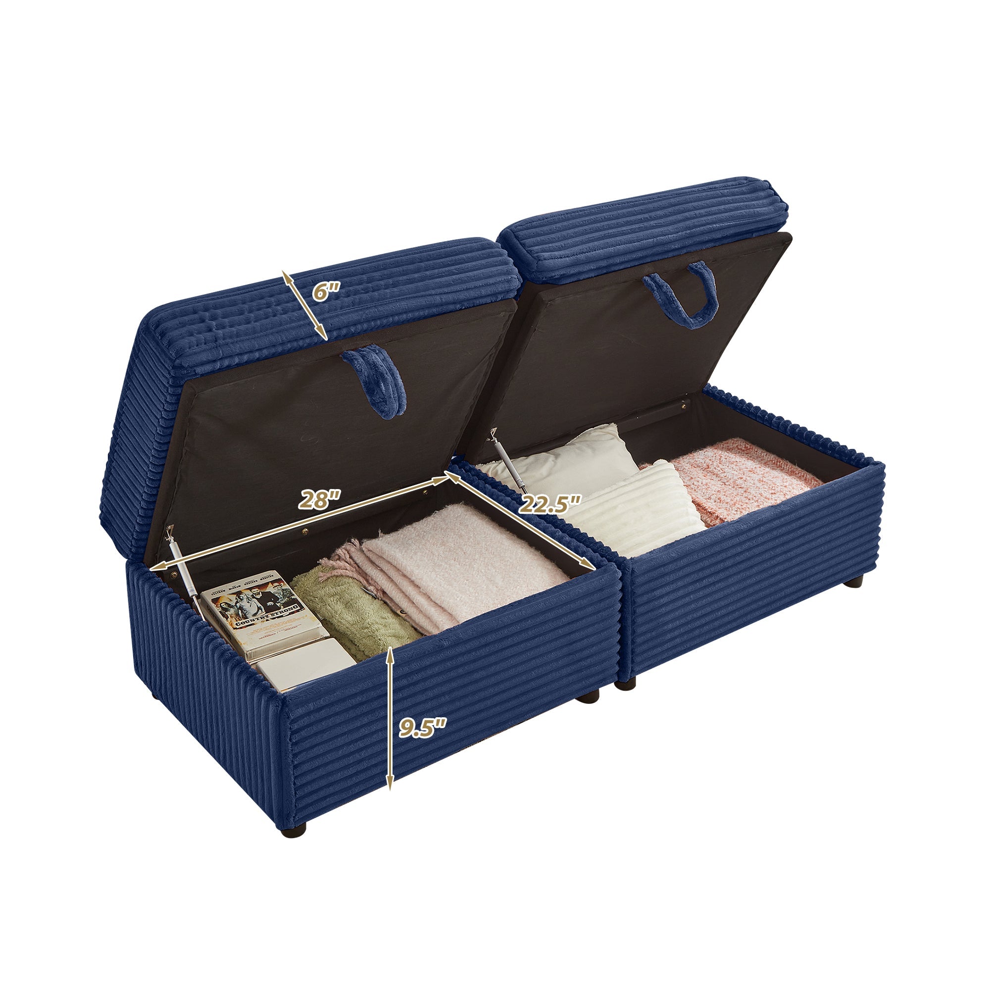 Convertable Loveseat L-Shape Corduroy Blue Storage Chaise 2 Ottomans USB 69 In