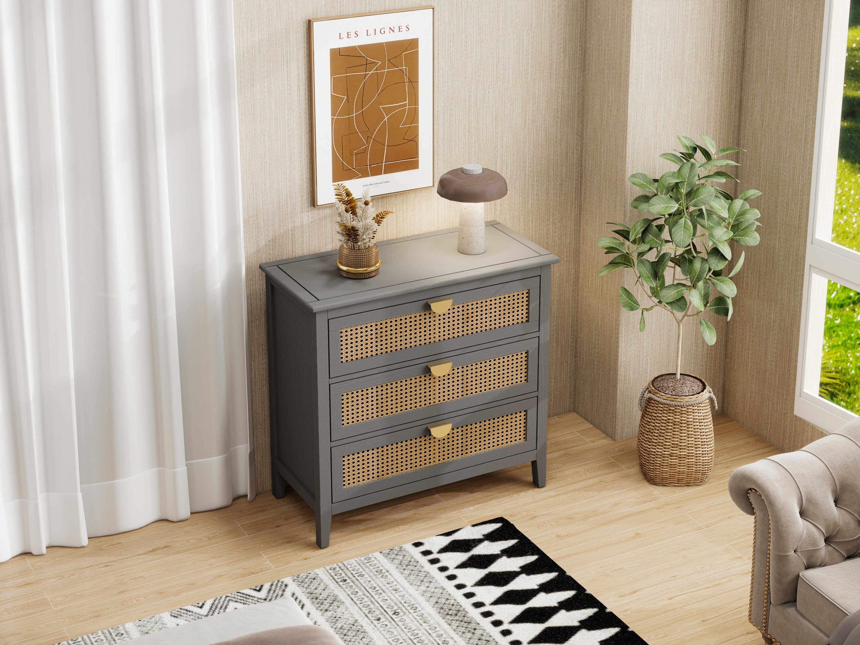 3-Drawer Cabinet - Natural Rattan - Suitable for Bedroom, Living Room, or Study