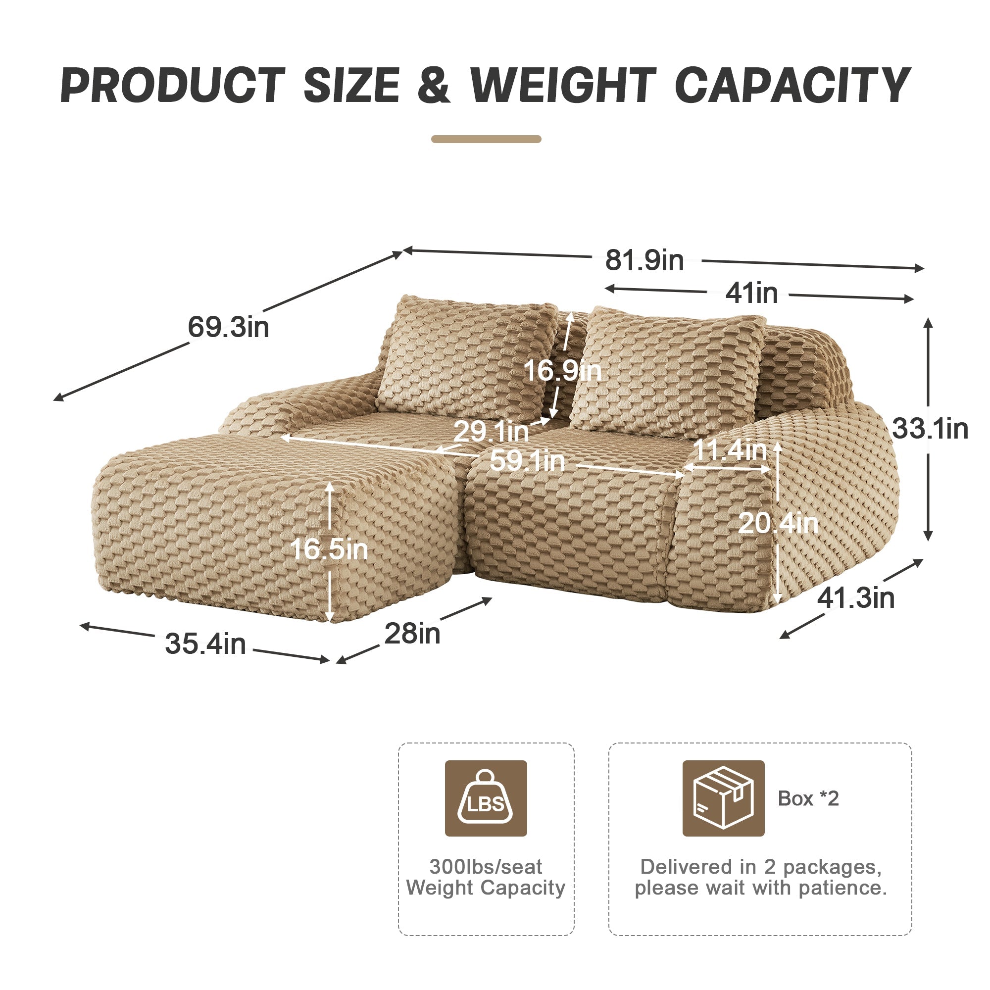 Sectional Sofa L-Shape Modular Flannelette Light Camel 2 Seat 82 In