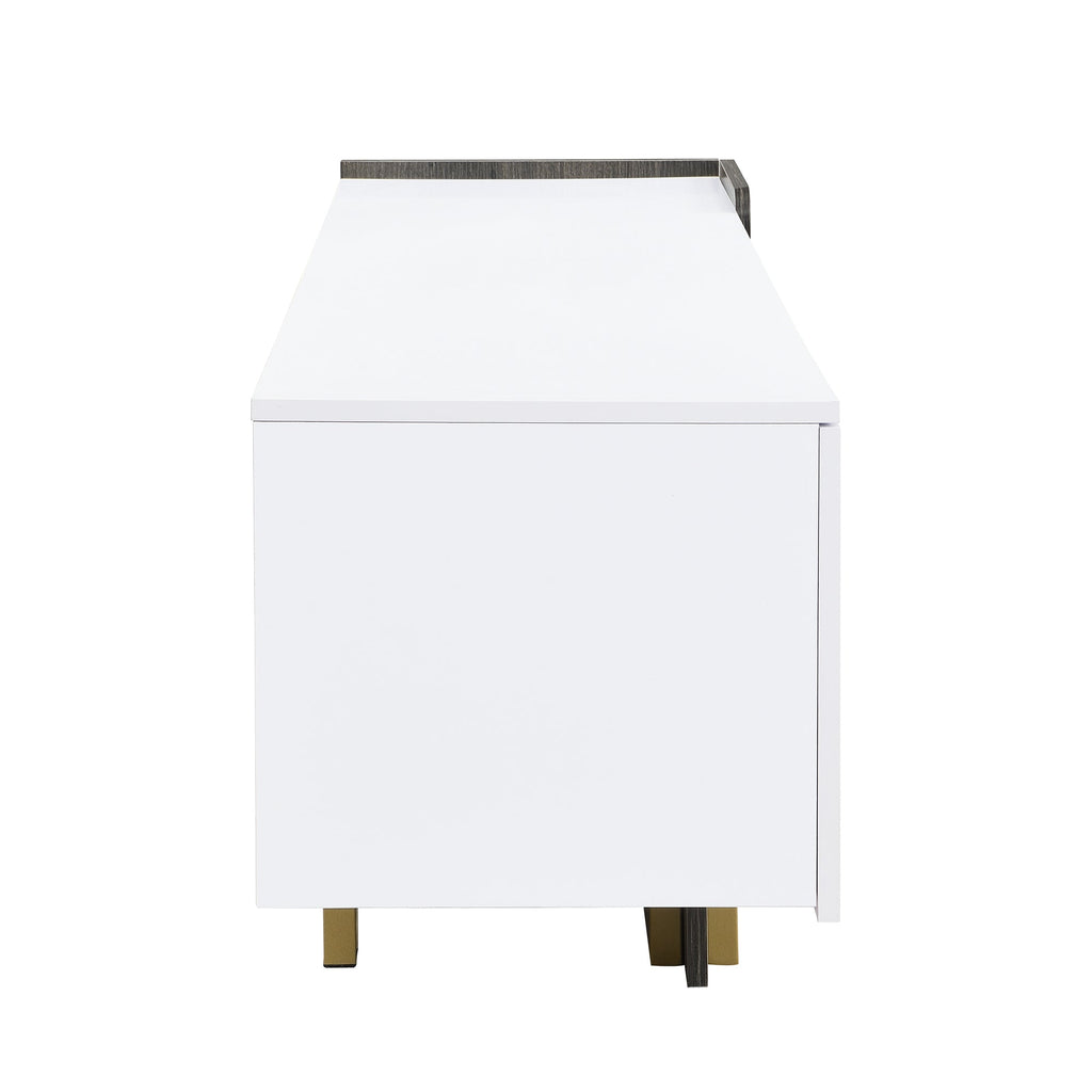 TV Stand Luxury White MDF Metal Legs Drawer 2-Cabinet Fits 70 In TV 66.7 In