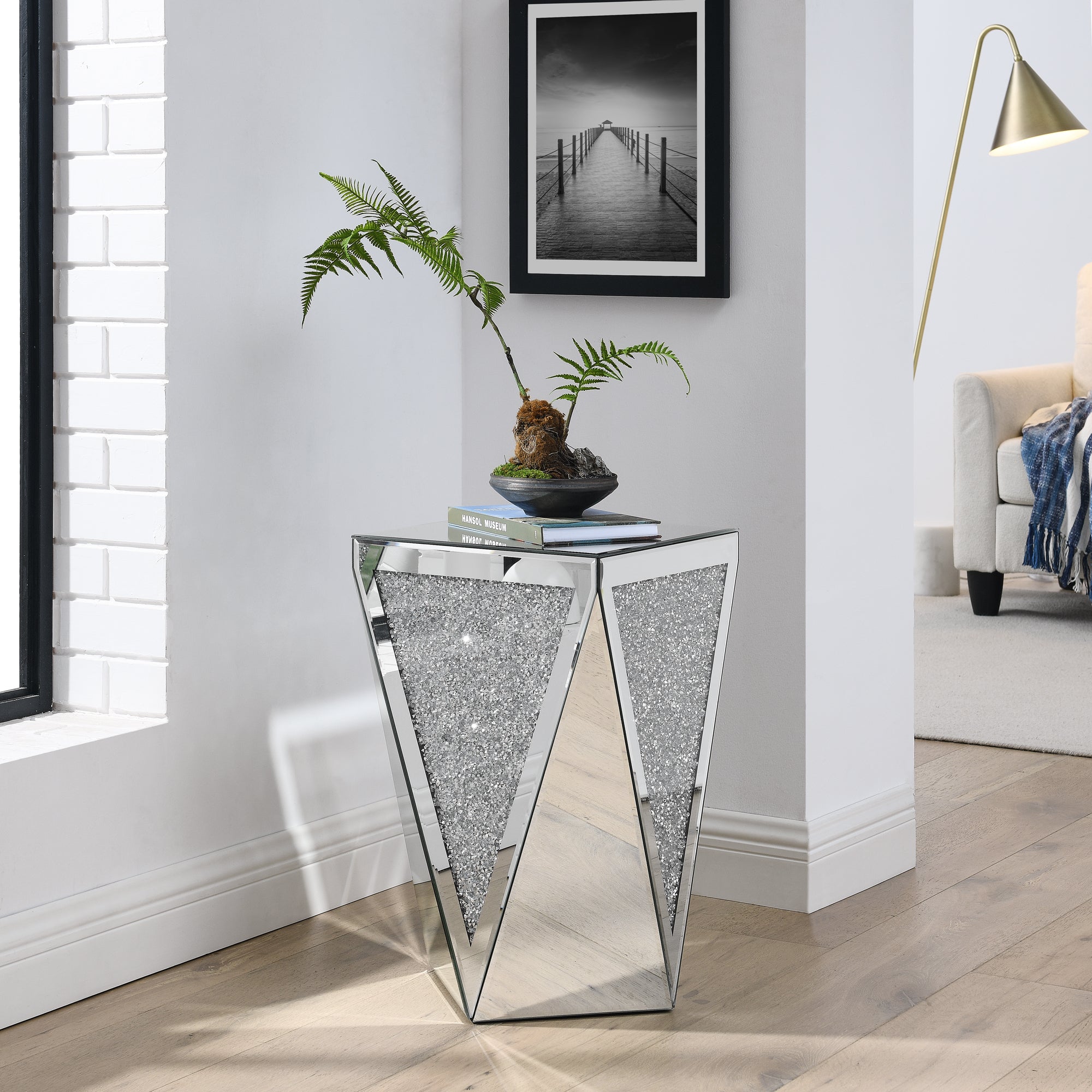 Inverted Triangle Mirror Coffee Table, Crystal Diamond Inlaid, Silver Glass