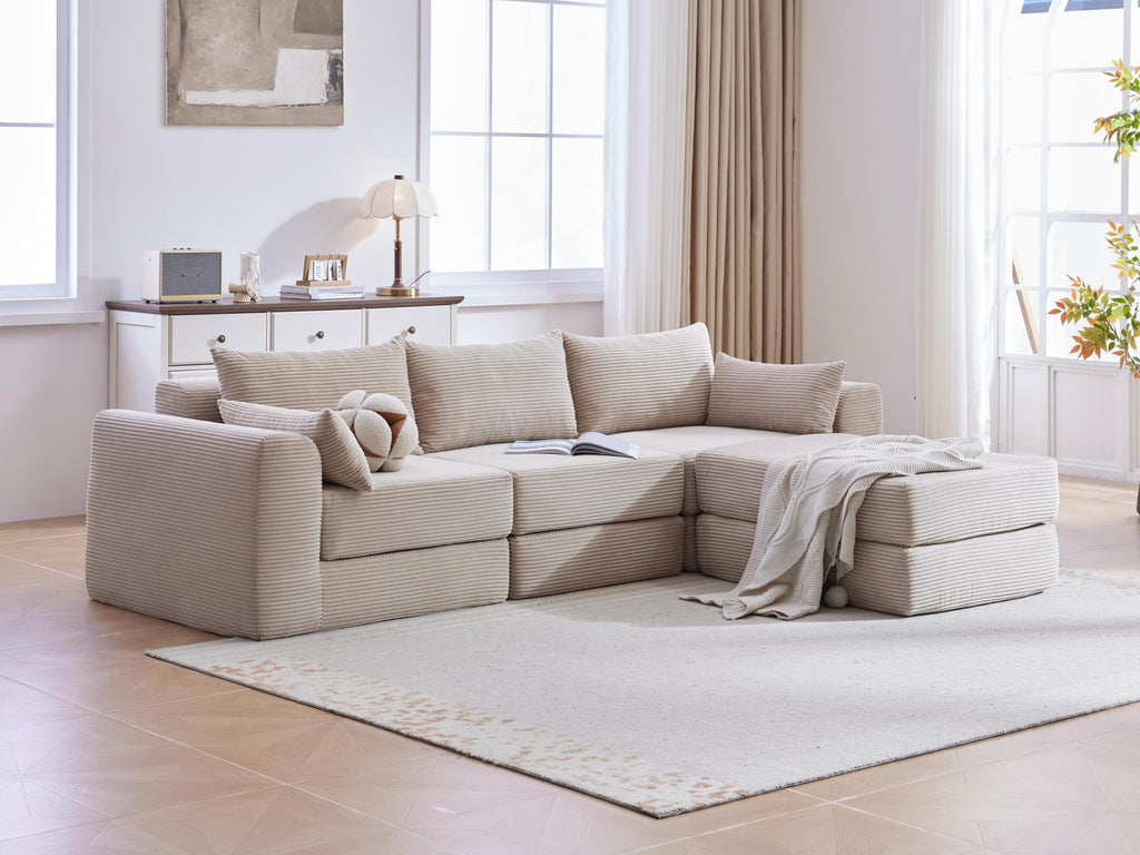 Sectional Sofa L-Shape Fabric Camel 4 Seat 100 In 5 Pillows No Assembly