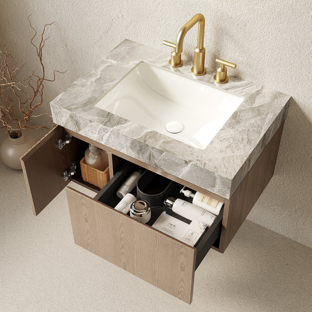 30' Floating Bathroom Vanity with Sintered Stone Top and Ceramic Basin, Heidelberg