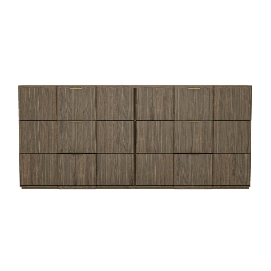 Dresser Modern 6-Drawer Walnut Gold MDF Sculpted Fronts Metal Handles 72 In