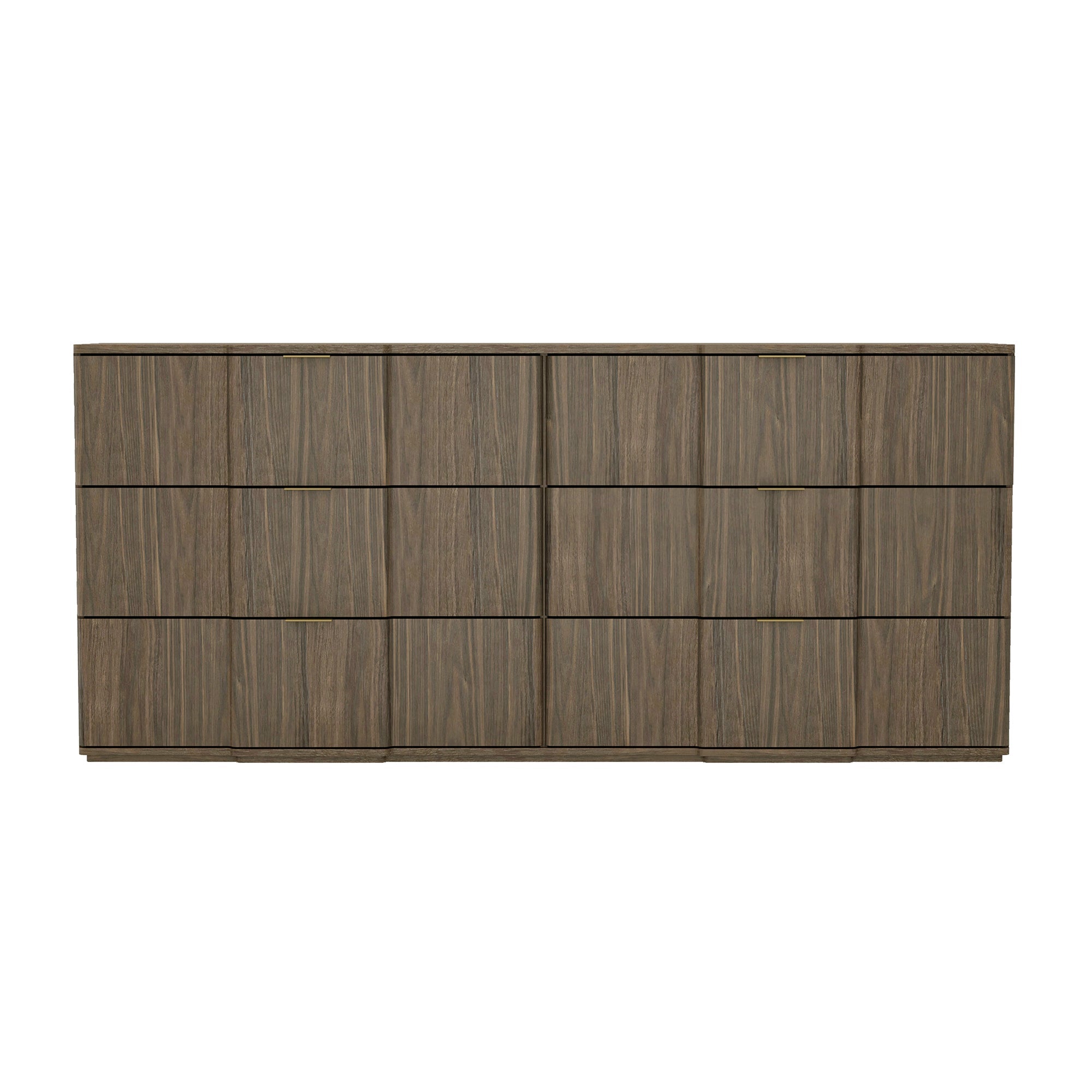 Dresser Modern 6-Drawer Walnut Gold MDF Sculpted Fronts Metal Handles 72 In